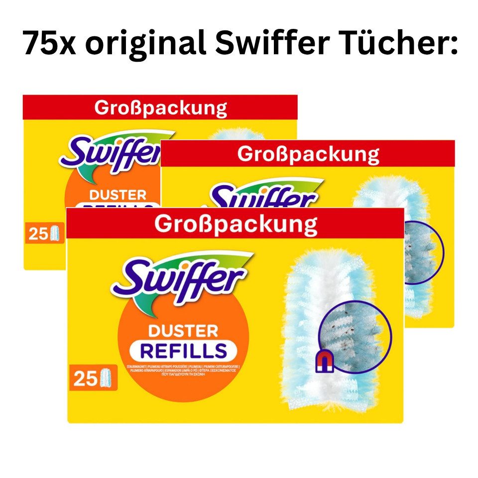 Swiffer Staubwedel Staubmagnet 25 Tücher – Extra stark gegen Staub, Pollen & Tierhaare (Spar-Set, 75-St), 5x5 Tücher = 25 Stück