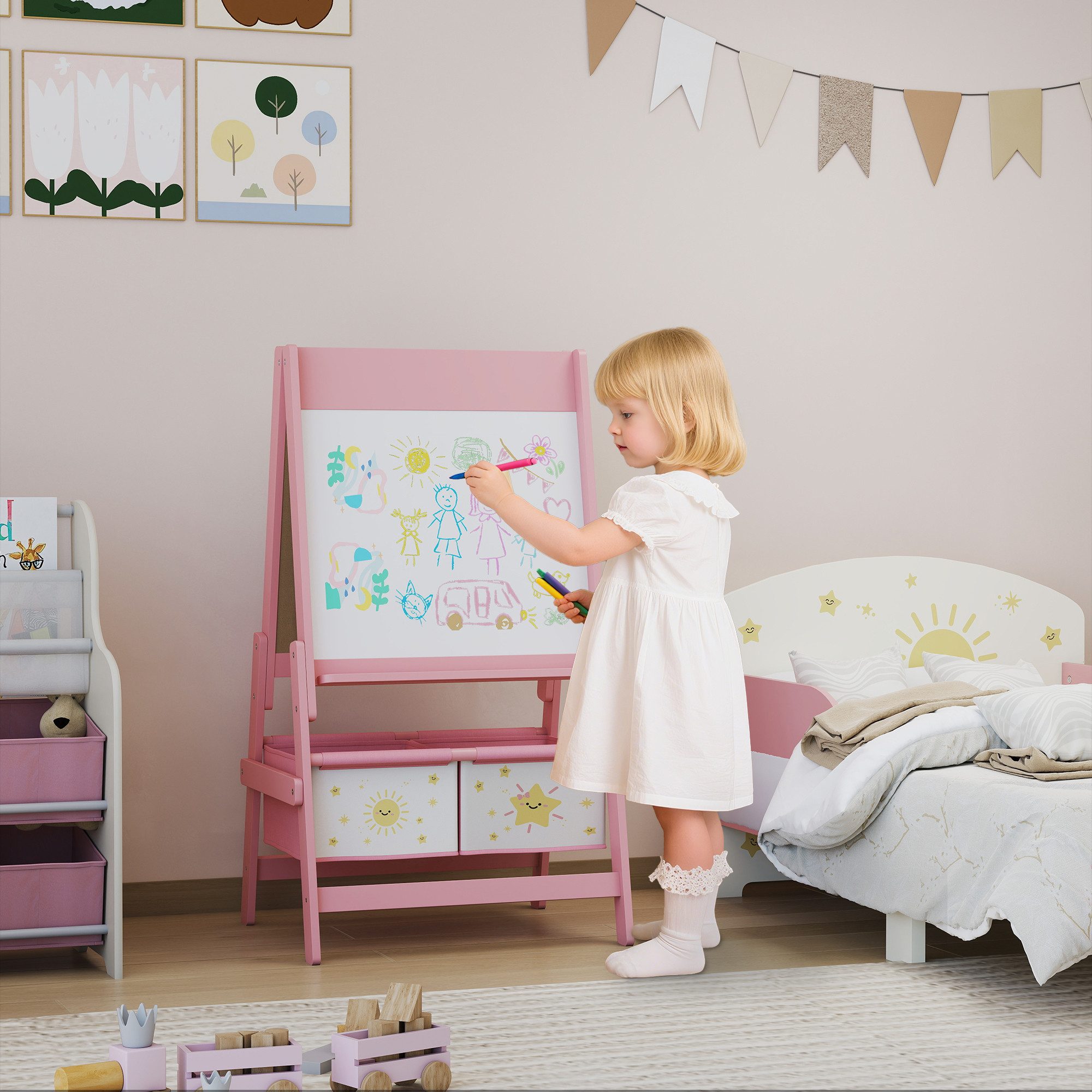 AIYAPLAY Tafel mit Kreidetafel, Whiteboard, Papierrolle, 2 Aufbewahrungsboxen, (3 in 1 Kindertafel, 2-tlg., Kinder Staffelei), mit Stern- und Sonnenmotiv, für Kinder 3-8 Jahre Rosa