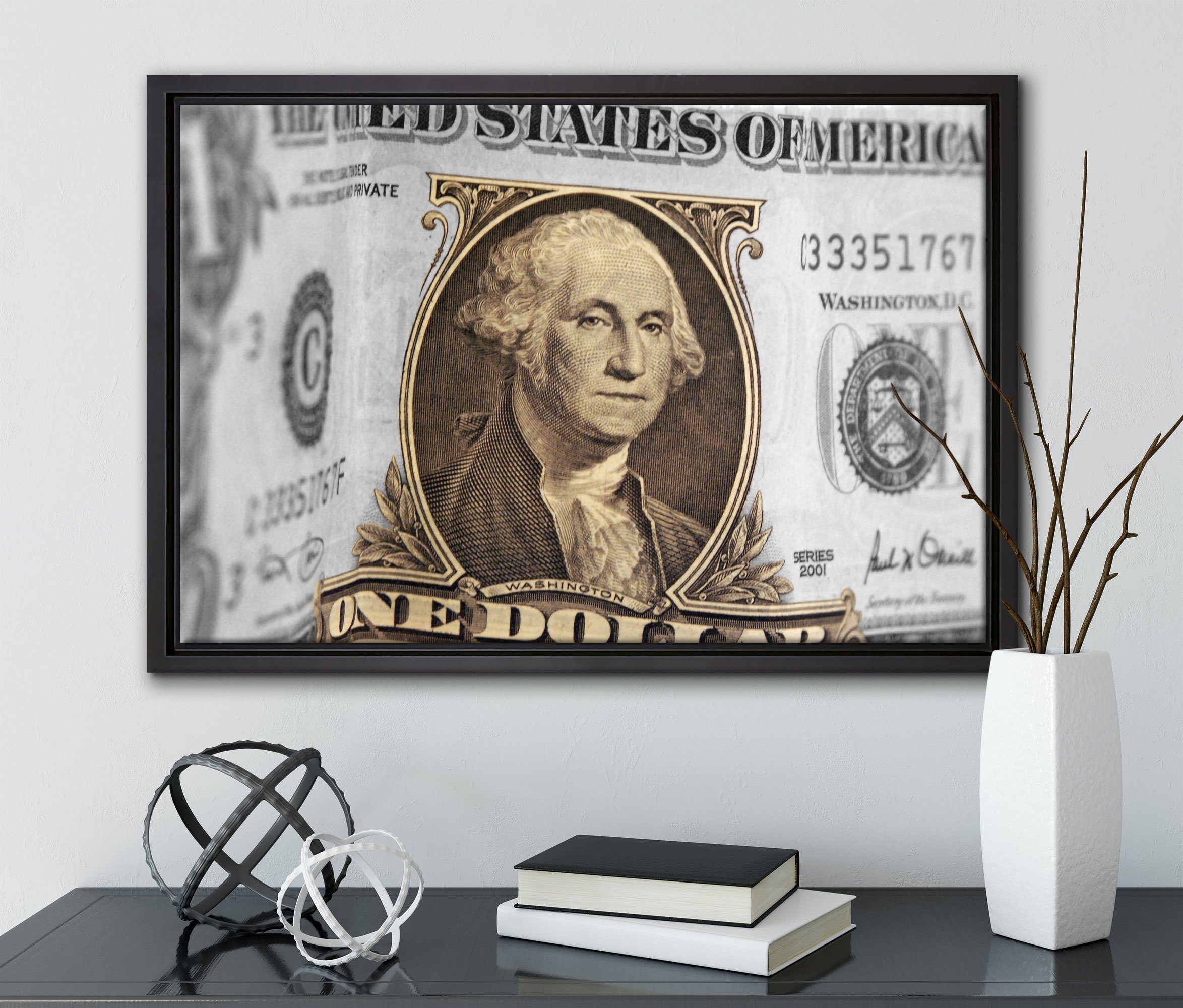 Pixxprint Leinwandbild Washington Dollarschein, Wanddekoration (1 St), Leinwandbild fertig bespannt, in einem Schattenfugen-Bilderrahmen gefasst, inkl. Zackenaufhänger