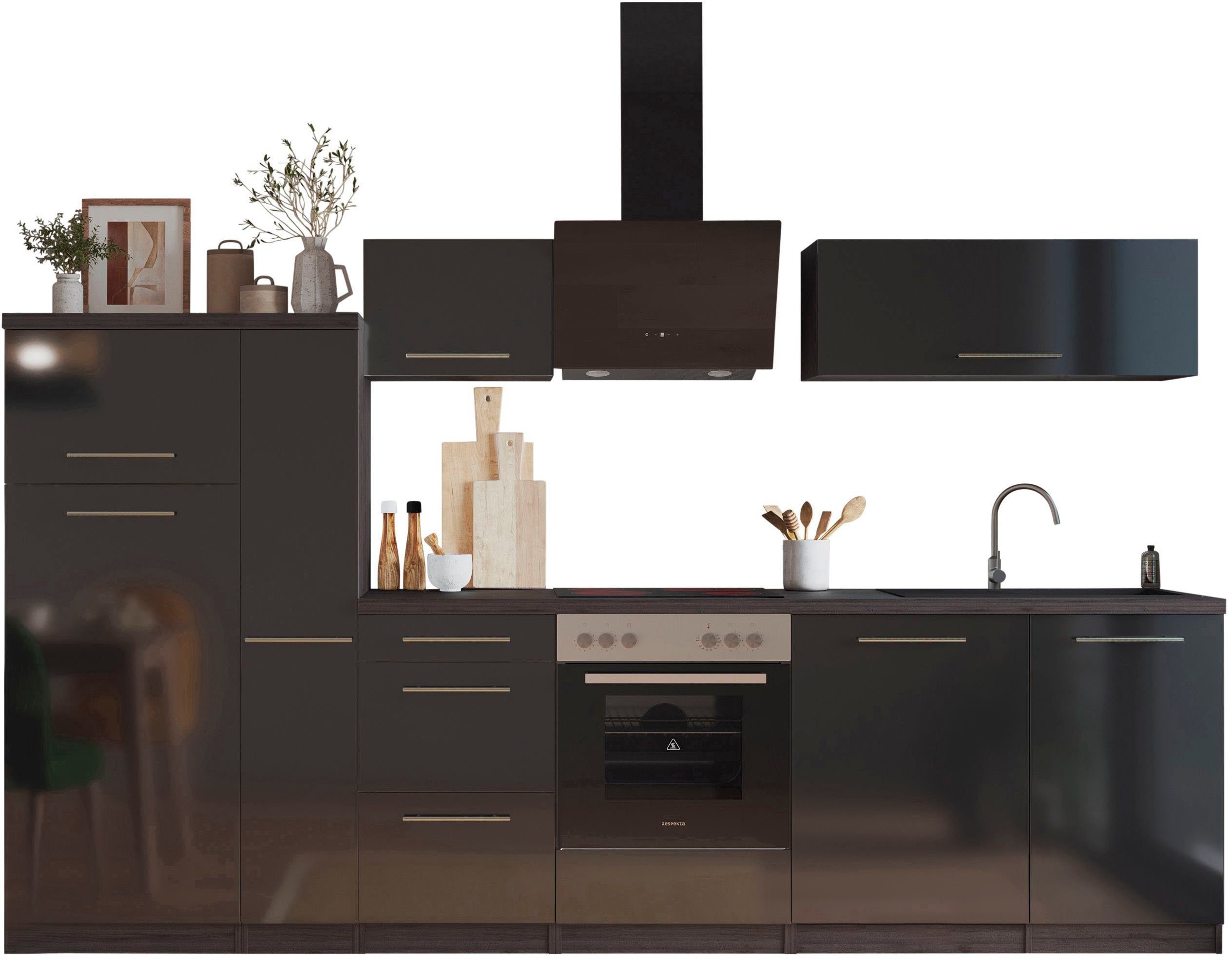 Front: Schwarz Hochglanz | Korpus: Eiche Grau Nachbildung | Arbeitsplatte: Eiche Grau Nachbildung