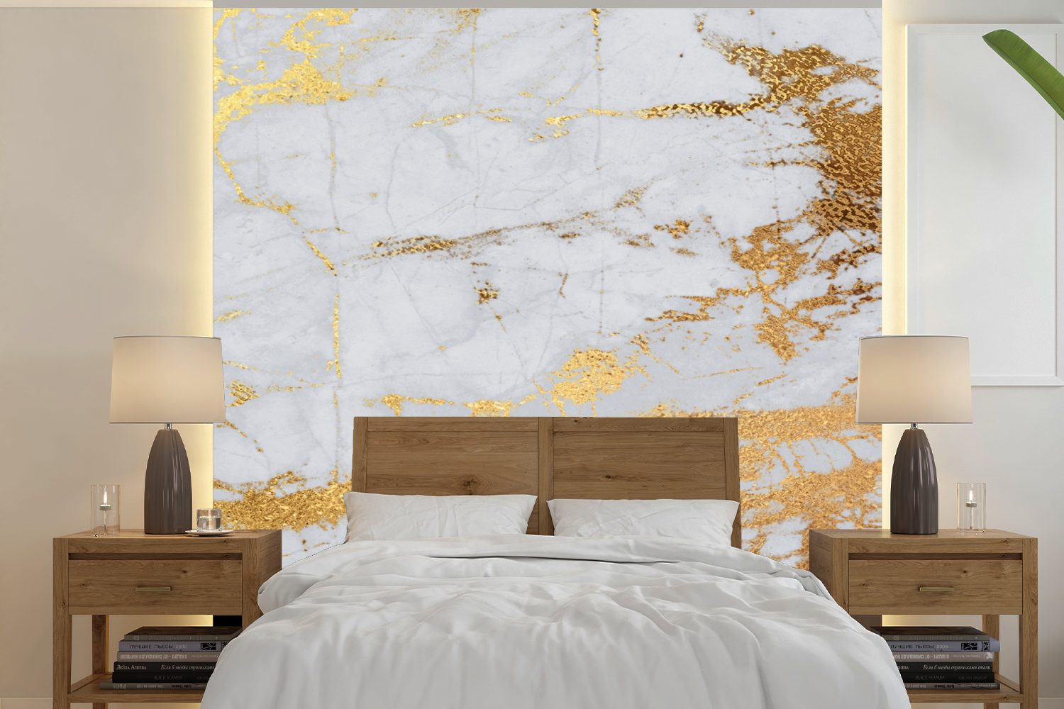 Stein, bedruckt, Gold Wandtapete Fototapete Schlafzimmer, MuchoWow Grau - Matt, Vinyl oder - St), (5 Tapete - für Wohnzimmer Marmor