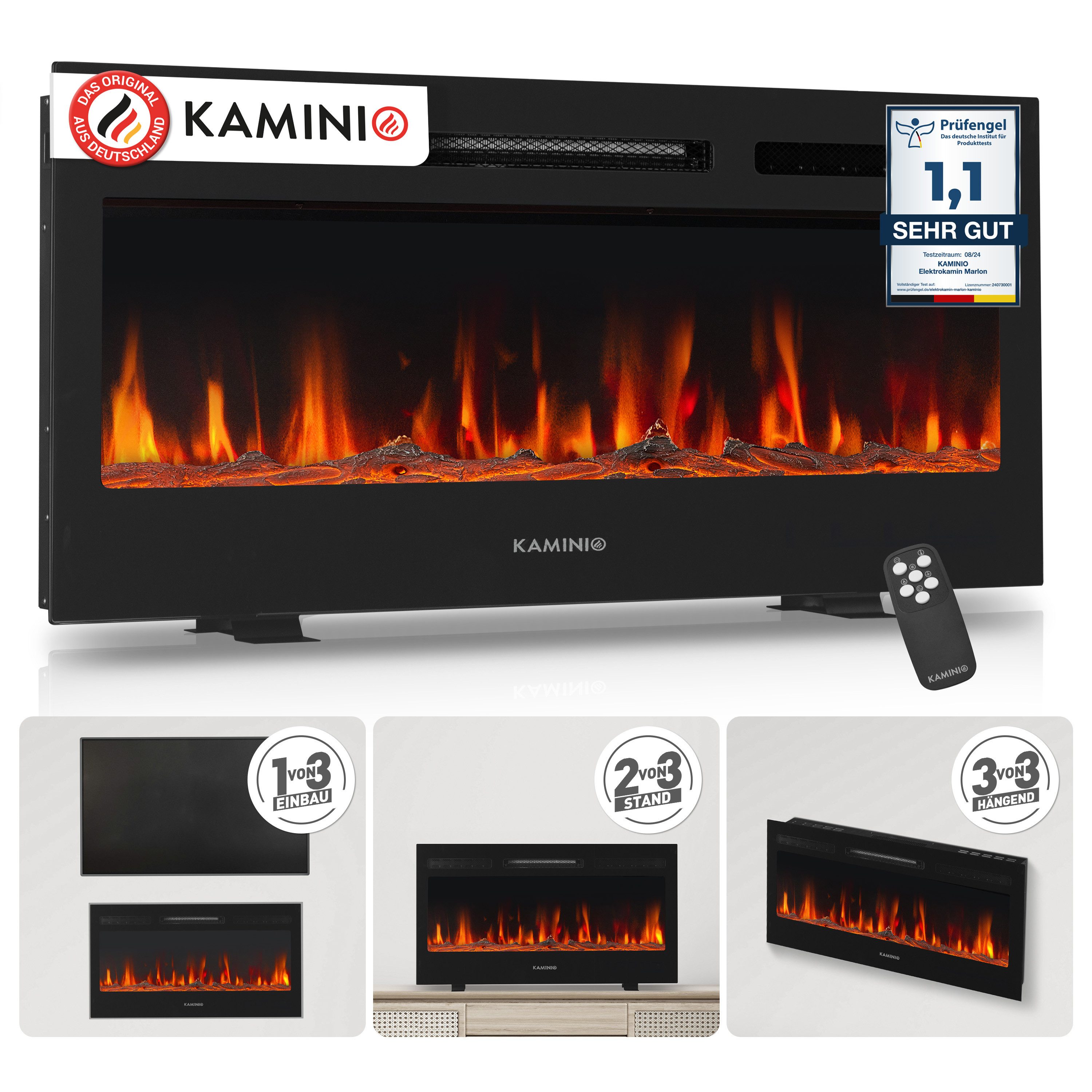 KAMINIO Elektrokamin MARLON, 3in1 Kamin: Elektrischer Stand-, Wand- und Einbaukamin, Heizung 1800W