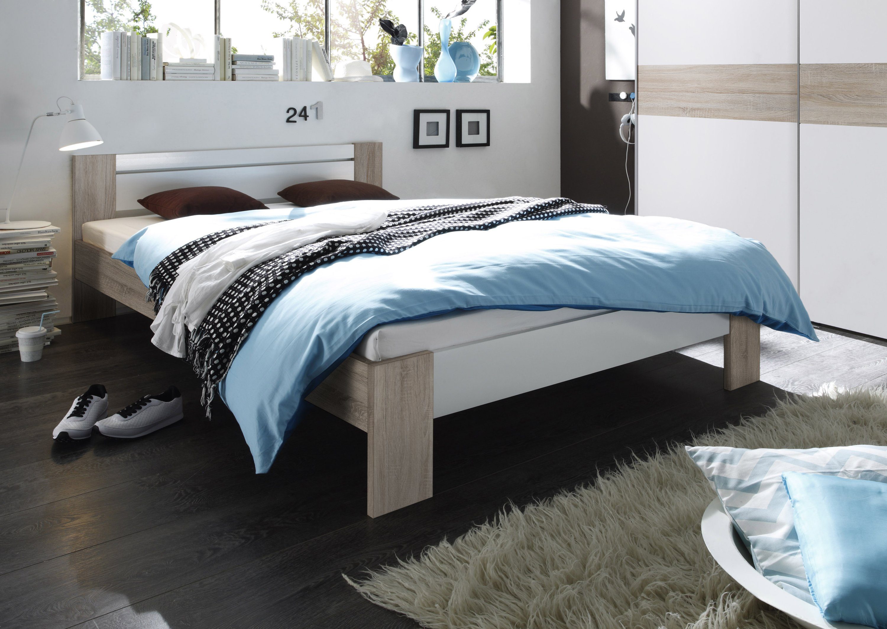 Moebel-Eins Futonbett, VEGAS Komplett-Set Futonbett 140x200 cm inkl. Rollrost und Matratze, Material Dekorspanplatte, Eiche sonomafarbig/weiss