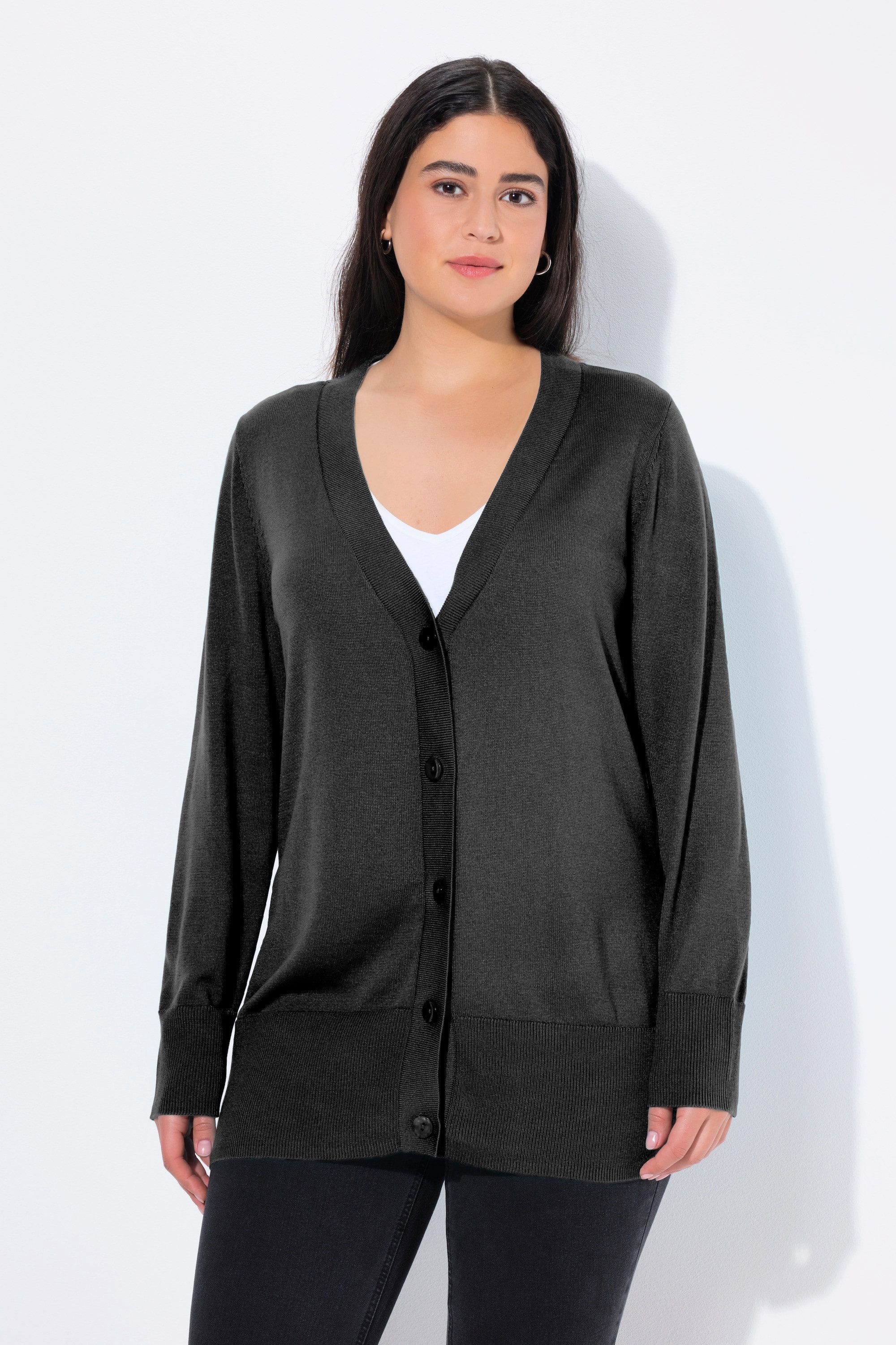 Ulla Popken Strickjacke Strickjacke V-Ausschnitt Knopfleiste Feinstrick