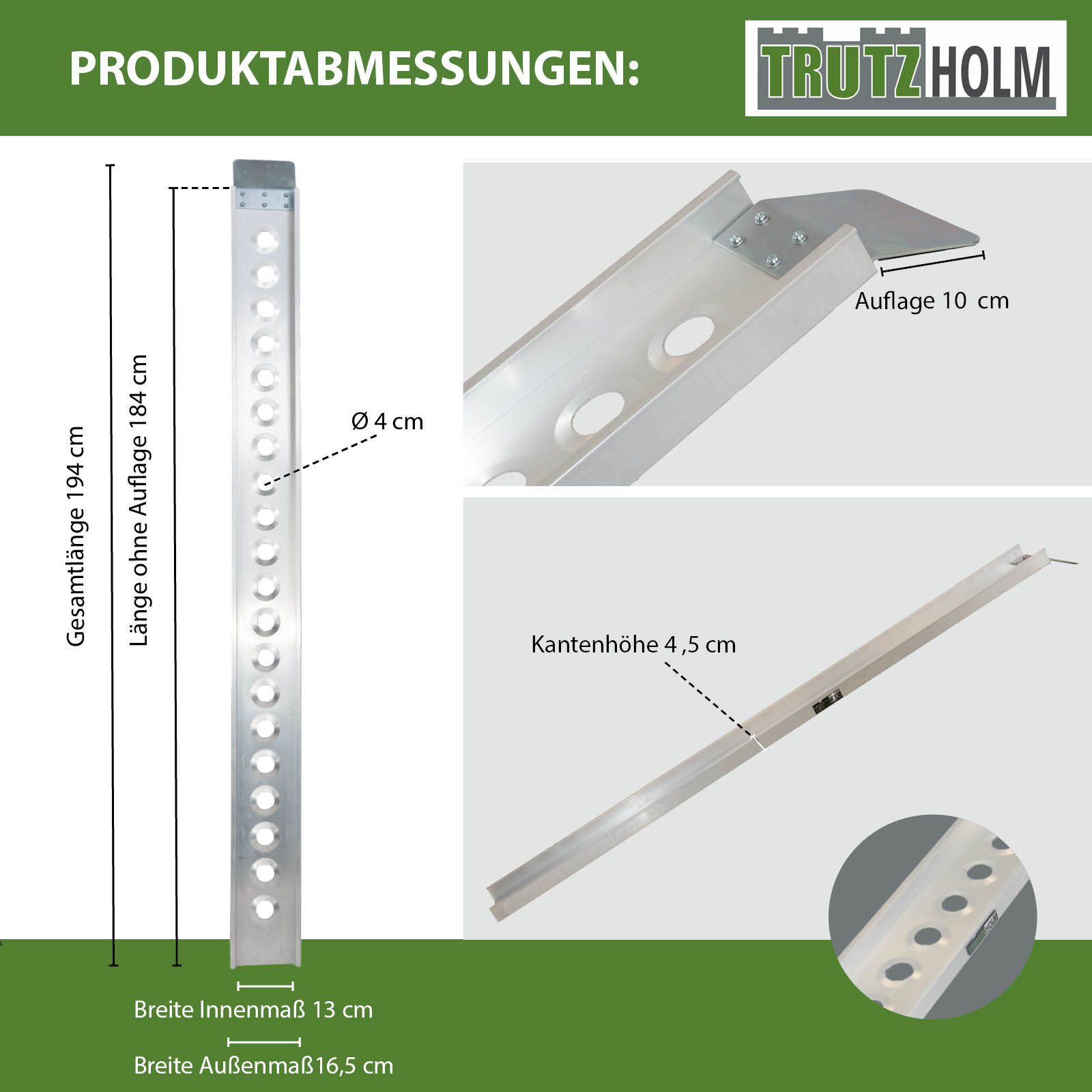 TRUTZHOLM Auffahrrampe 194cm Traglast 200kg Alu grau Seitenkante Auffahrrampen Verladerampen (2er Set, 2-St., Inkl. 2x Spanngurt), robuste Alu-Konstruktion, hochwertige Verarbeitung