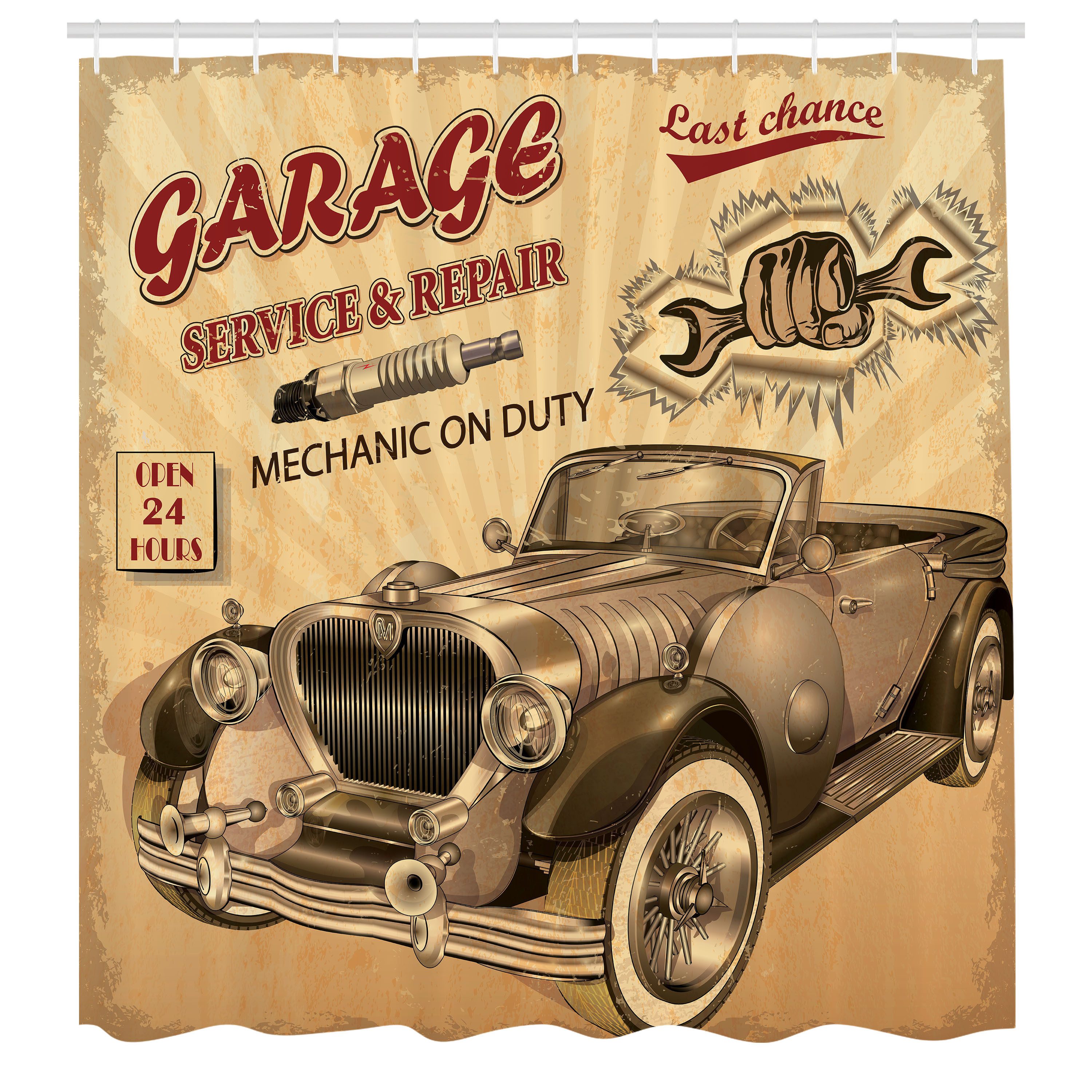 Abakuhaus Duschvorhang Moderner Digitaldruck mit 12 Haken auf Stoff Wasser Resistent Breite 175 cm, Höhe 180 cm, Vintage Old Style Car Repair