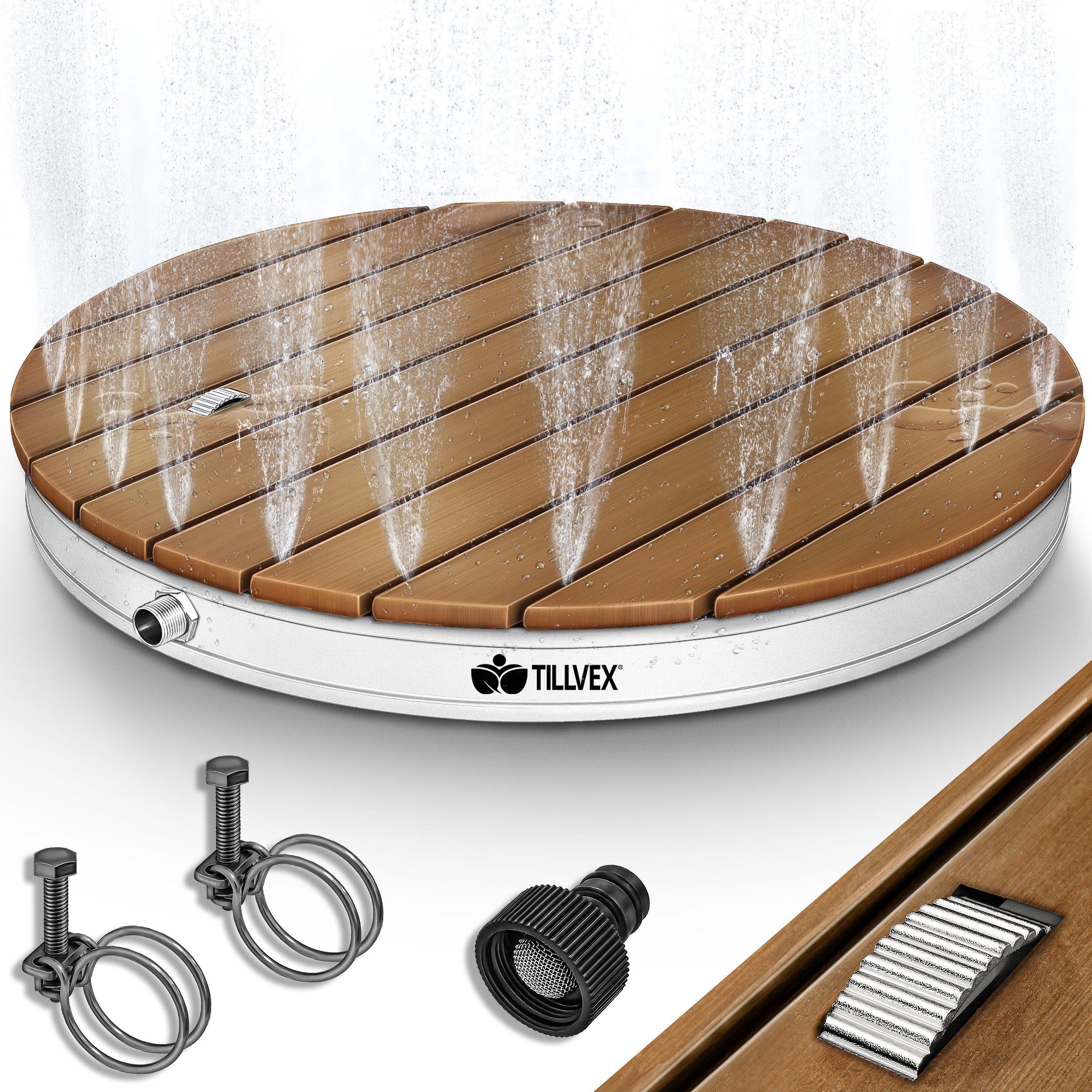 tillvex Gartendusche Outdoor bis 4 m Fontänenhöhe Bodendusche (Campingdusche aus Aluminium/WPC/Holzoptik), mit Fußrad Außendusche rutschfest Saunadusche wetterfest