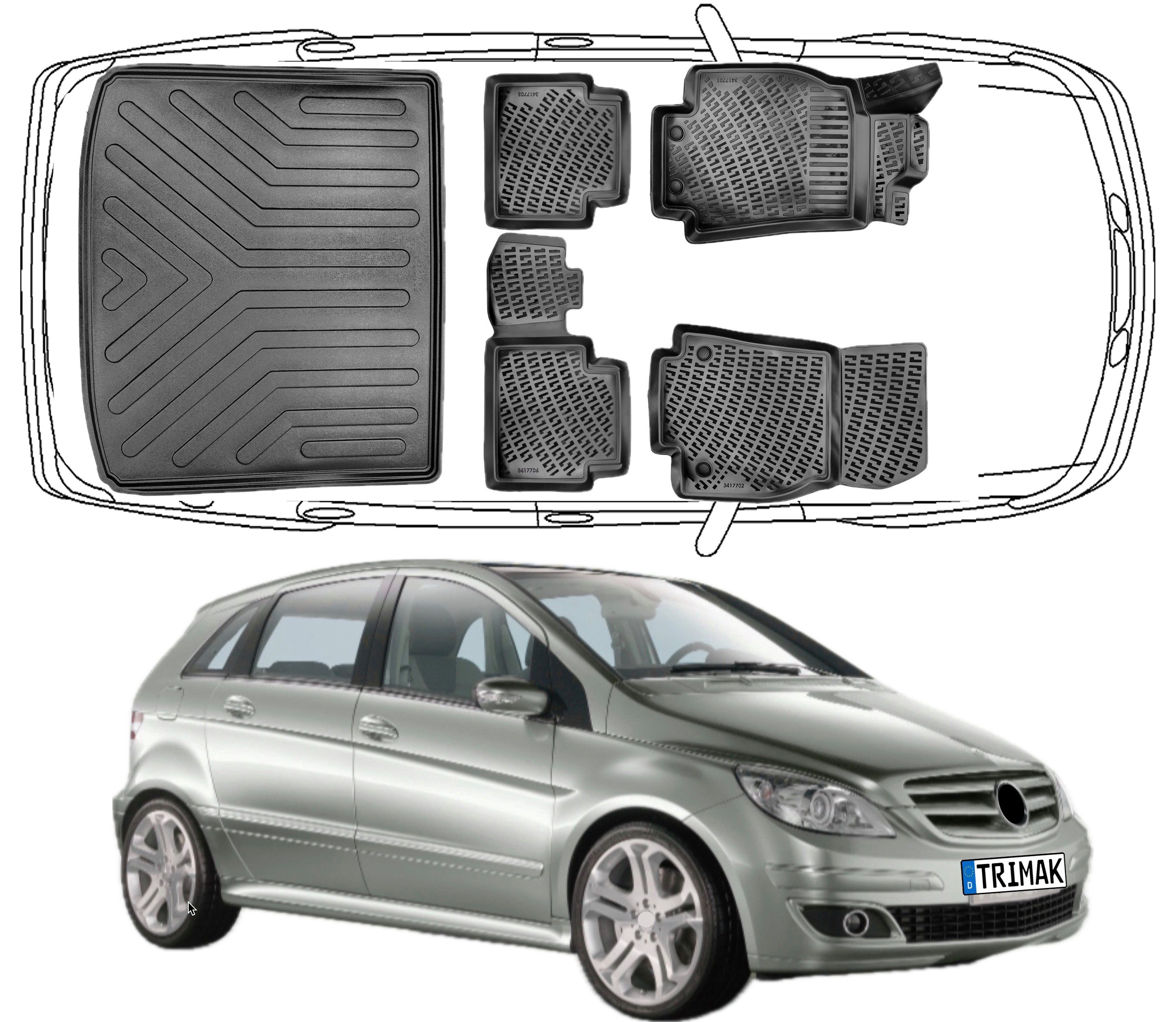 Trimak Passform-Fußmatten Oder Kofferraumwanne Oder Set kompatibel mit Mercedes B Klasse, B Klasse W245 2005–2011 Gummimatten Auto & Obere Kofferraummatte