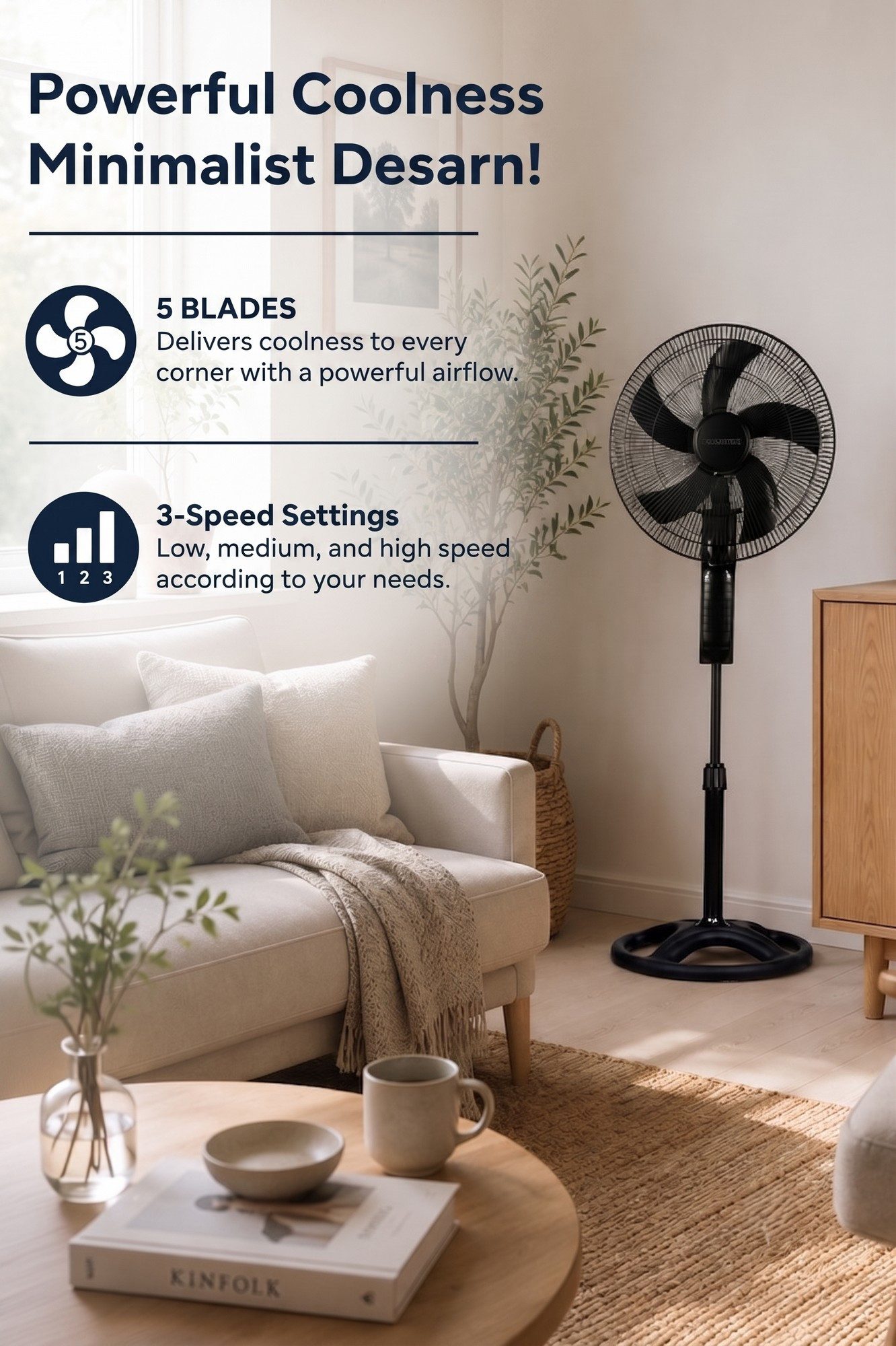 KUMTEL Standventilator KTF-340, 45 cm Durchmesser, 60 W, aus ABS-Kunststoff, 90° oszillierend, 70° neigbar