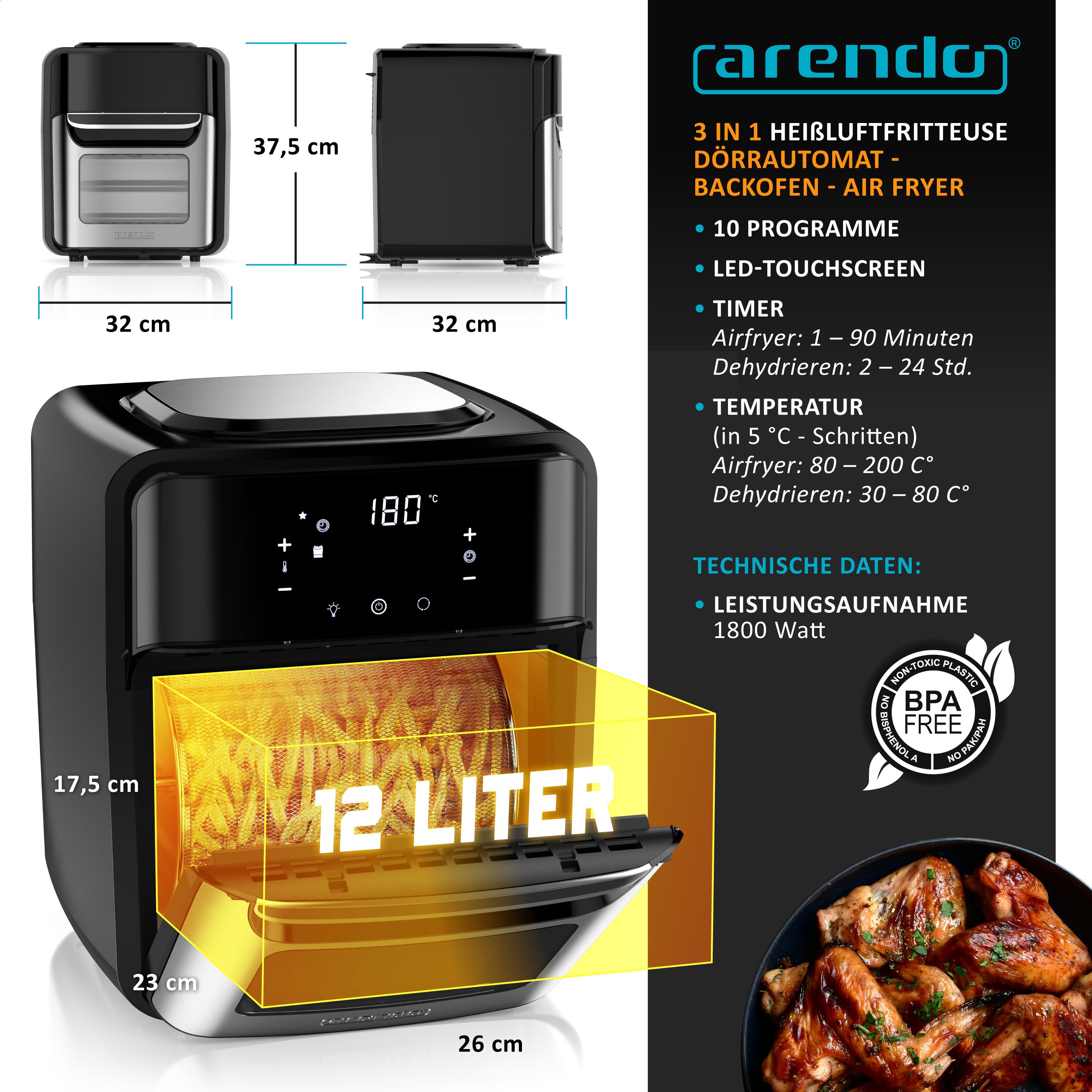 Arendo Heißluftfritteuse mit Zubehör, Airfryer 12L, 3in1 Edelstahl Heissluftfritteuse XXL, 1800 W, Mini Backofen, Grill, Dörrautomat, Fritteuse ohne Öl, Umluft Drehgrill