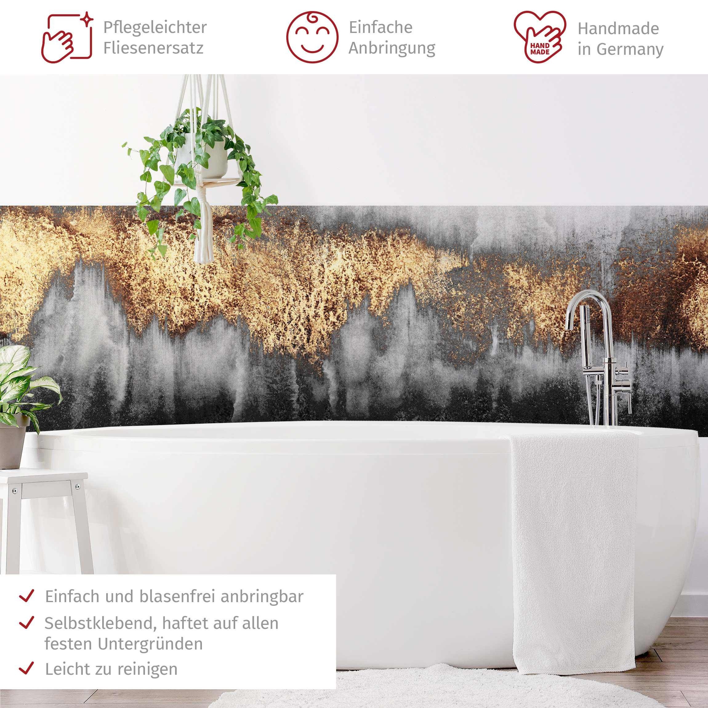 Bilderdepot24 Badrückwand gold fugenlose Wandverkleidung Bad Abstrakt, (Hartfolie matt » Selbstklebend SMART 0,35 mm), wasserfestes Wandpaneel Goldspuren Aquarell