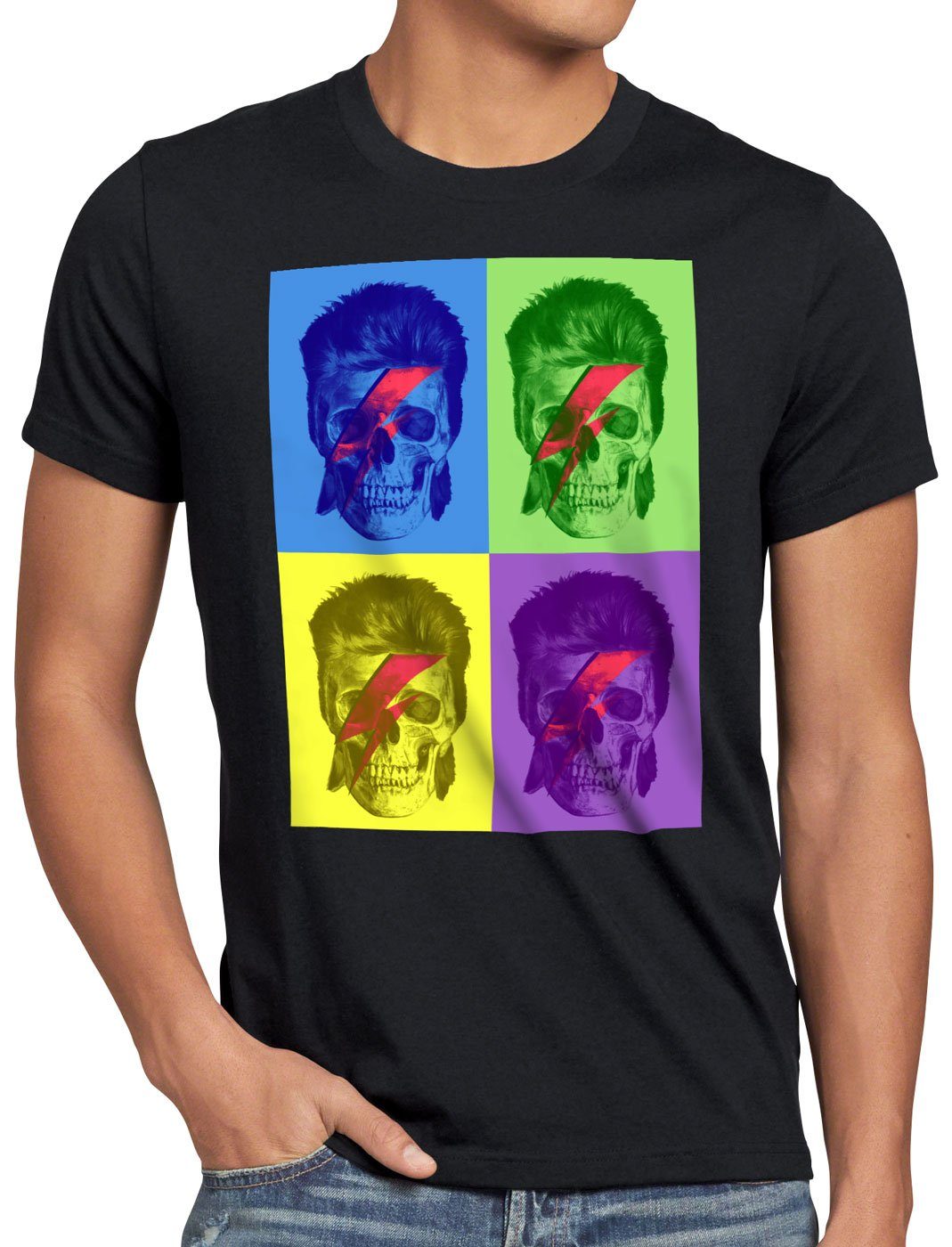 style3 Print-Shirt Herren T-Shirt Bowie Skull turntable retro pop-art warhol schwarz