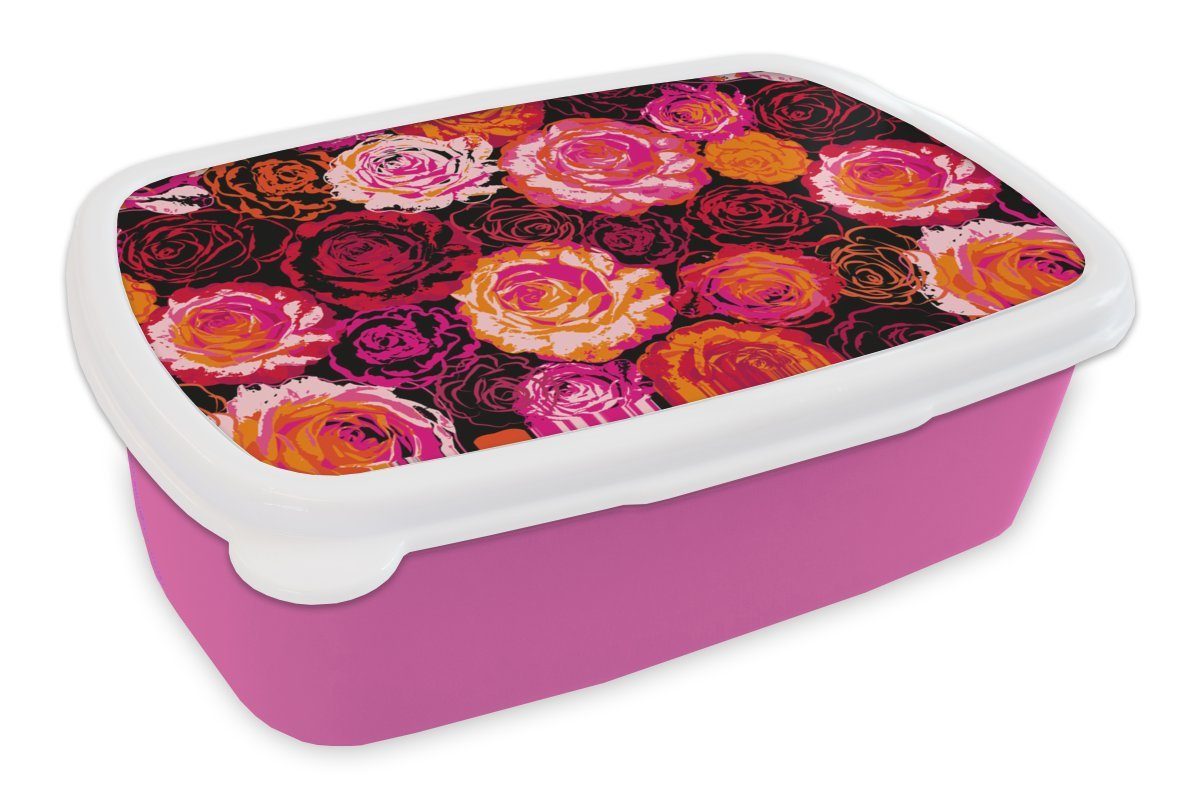 MuchoWow Lunchbox Rosen - Muster - Blumen, Kunststoff, (2-tlg), Brotbox für Erwachsene, Brotdose Kinder, Snackbox, Mädchen, Kunststoff rosa