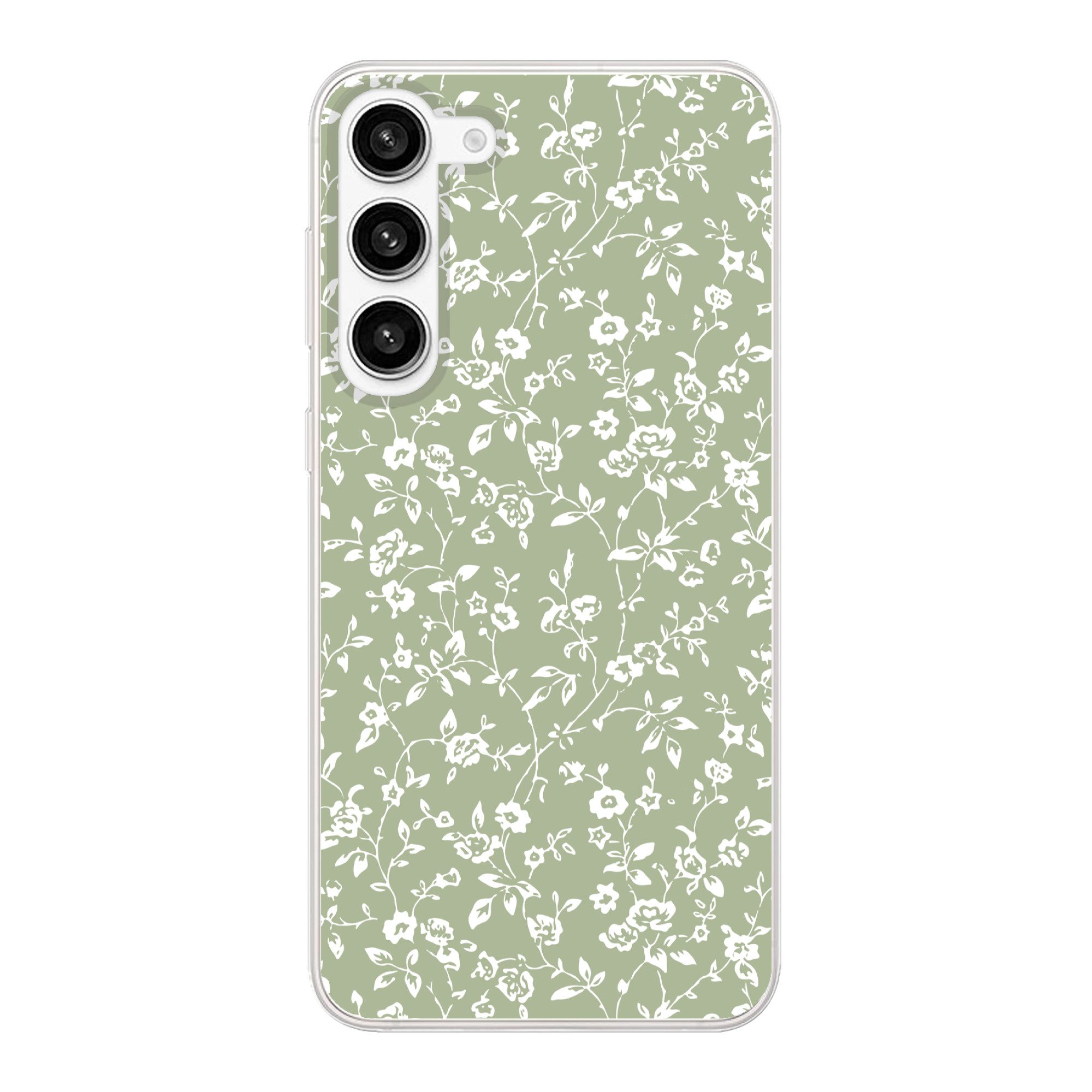 MuchoWow Handyhülle für Samsung Galaxy S23 Plus Blumen - Druck - Grün - Weiß, Phone Case, Silikon, Schutzhülle Dünn