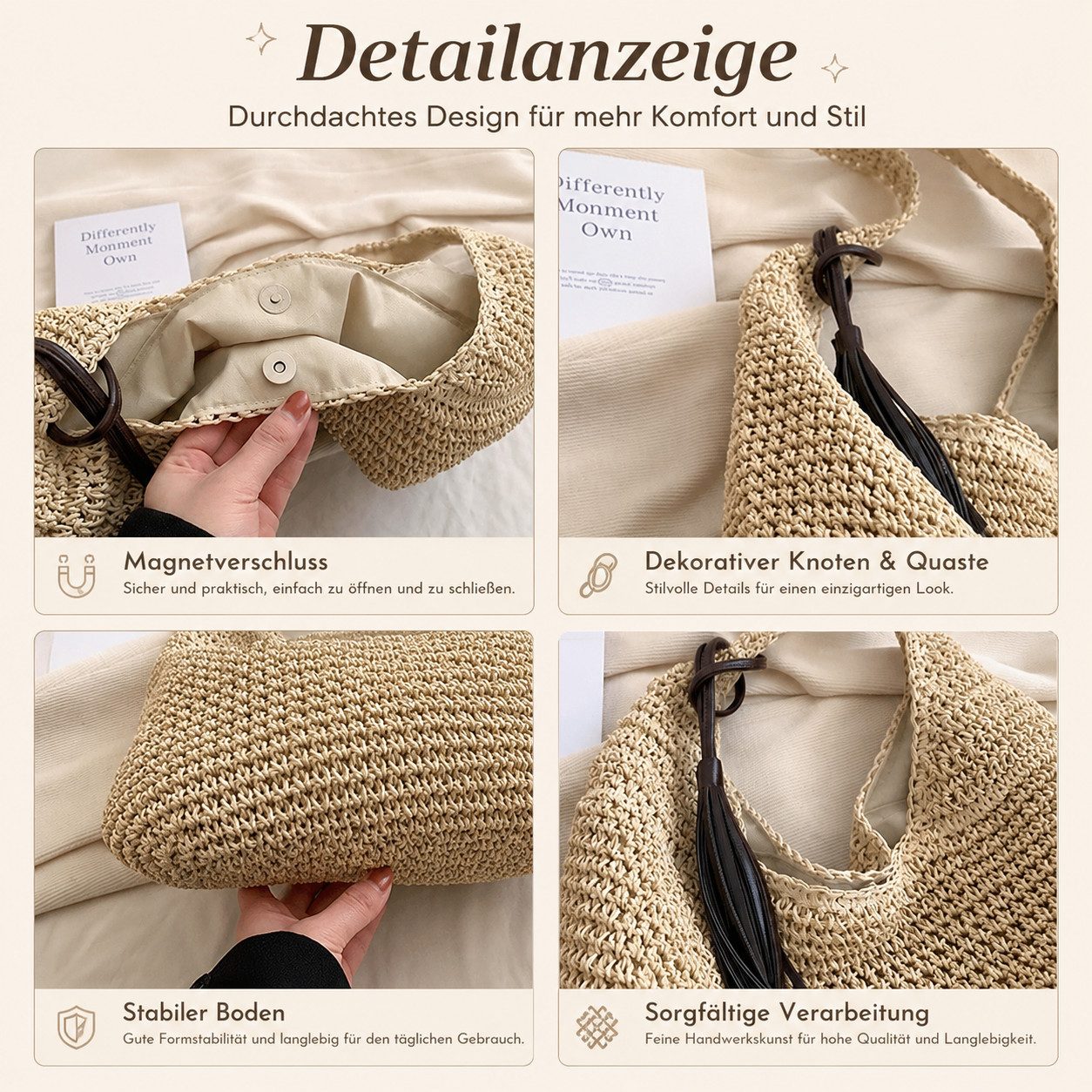 MOPUEA Strandtasche Strohtasche Damen Sommer Strandtasche Groß Gewebt Für Urlaub (Geflochtene Tote Bag Mit Großem Stauraum Für Alltag Und Reisen, 1-tlg., Rattan Umhängetasche Mit Kosmetiktasche Strand Und Freizeitlook), Boho Schultertasche Aus Stroh Handgemacht Leicht Und Stilvoll