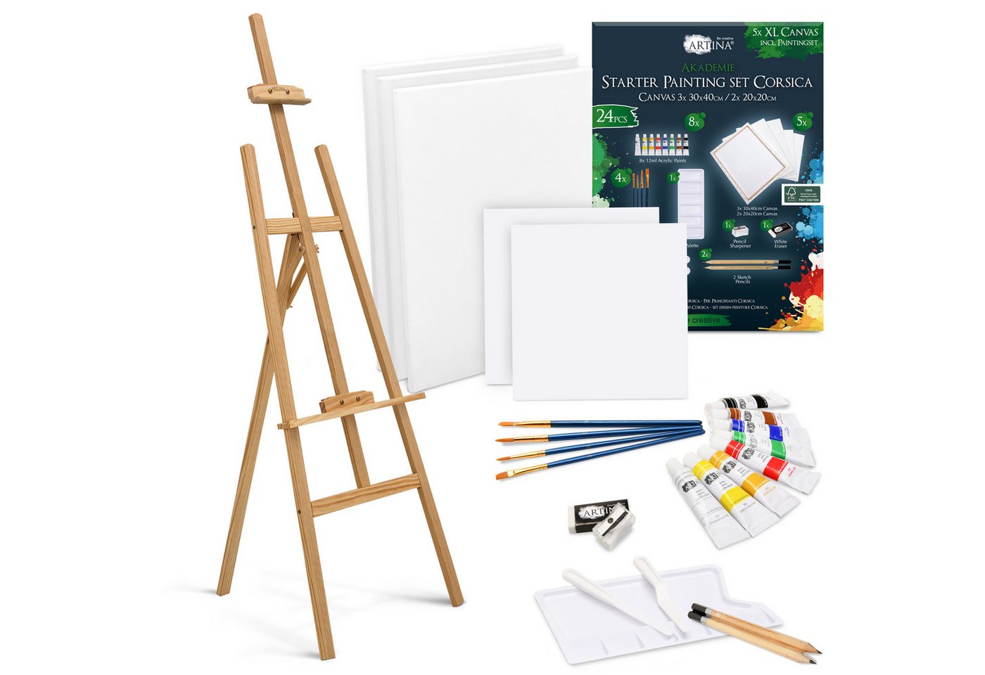 Artina Kreativset 24tlg. Malset mit Staffelei Tessin, Staffelei höhenverstellbar 175cm, 5X Keilrahmen, Pinsel & Zubehör