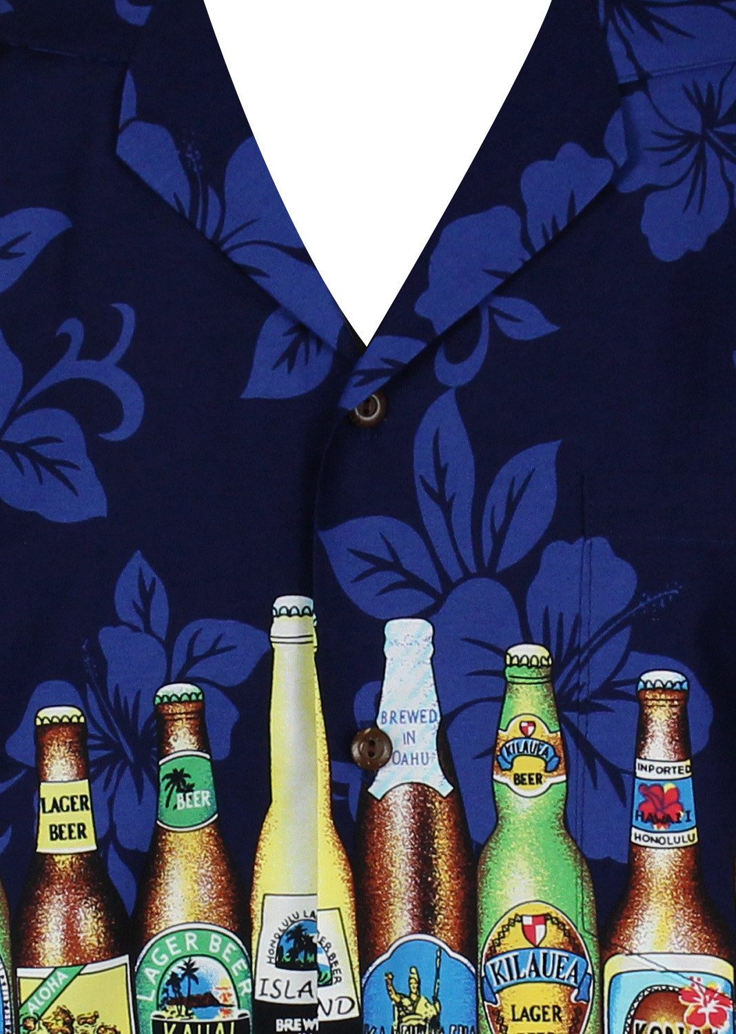 KY's Hawaiihemd Bierflaschen Brustdruck Original Hawaiihemd mit 100% Kokosnuss-Knöpfen