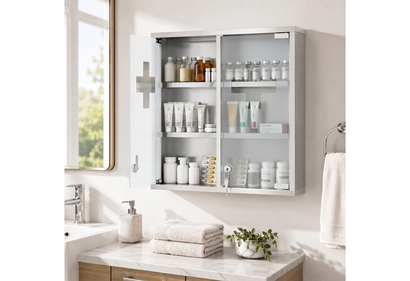 HOMCOM Medizinschrank mit 2 Schlüsseln (Set, 1-St., 1er Set) abschließbar, 6 Fächer, Milchglas