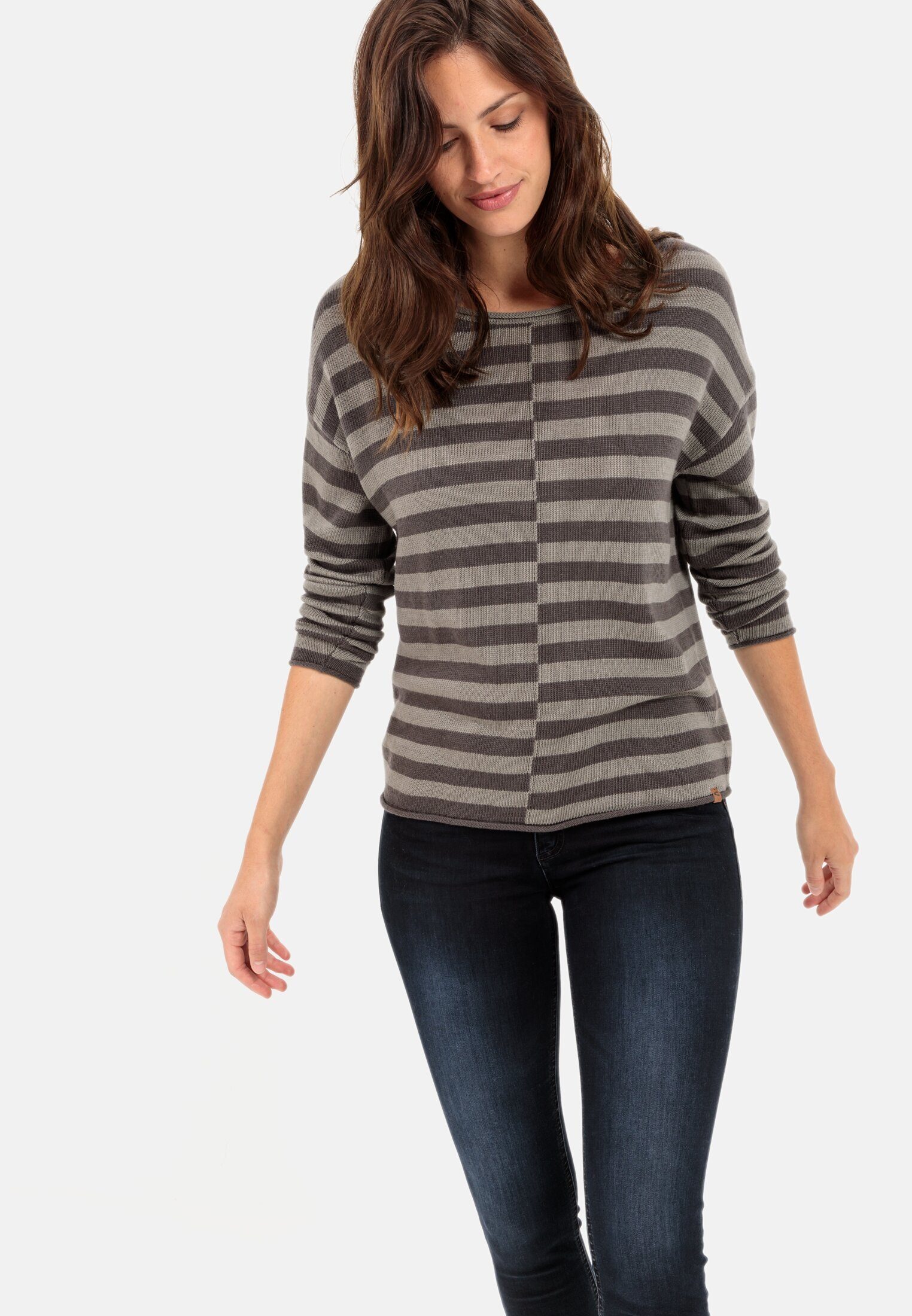 camel active Strickpullover Strickpullover mit Streifenmuster Langarm Markenlabel