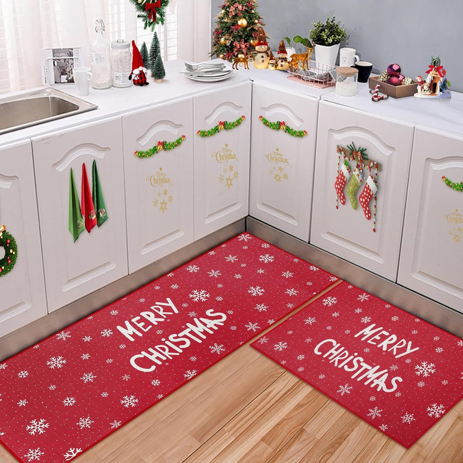 GarveeMore Fußmatte Weihnachts Sets,Weihnachts Küchenmatte Frohe Weihnachten, Schneeflocke 2-teilig rutschfeste Läufer Teppich-Set,40x60,40x120CM