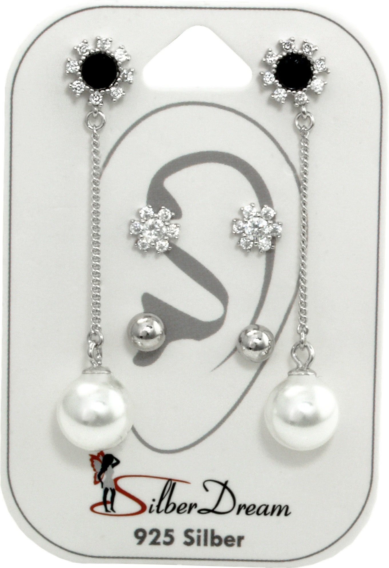 SilberDream Paar Ohrstecker SilberDream Zirkonia 3er Set Ohrringe (Ohrstecker, 3-tlg), Ohrstecker (Dangle Blume, Blume, Kugel) 925 Sterling Silber, Farbe: we