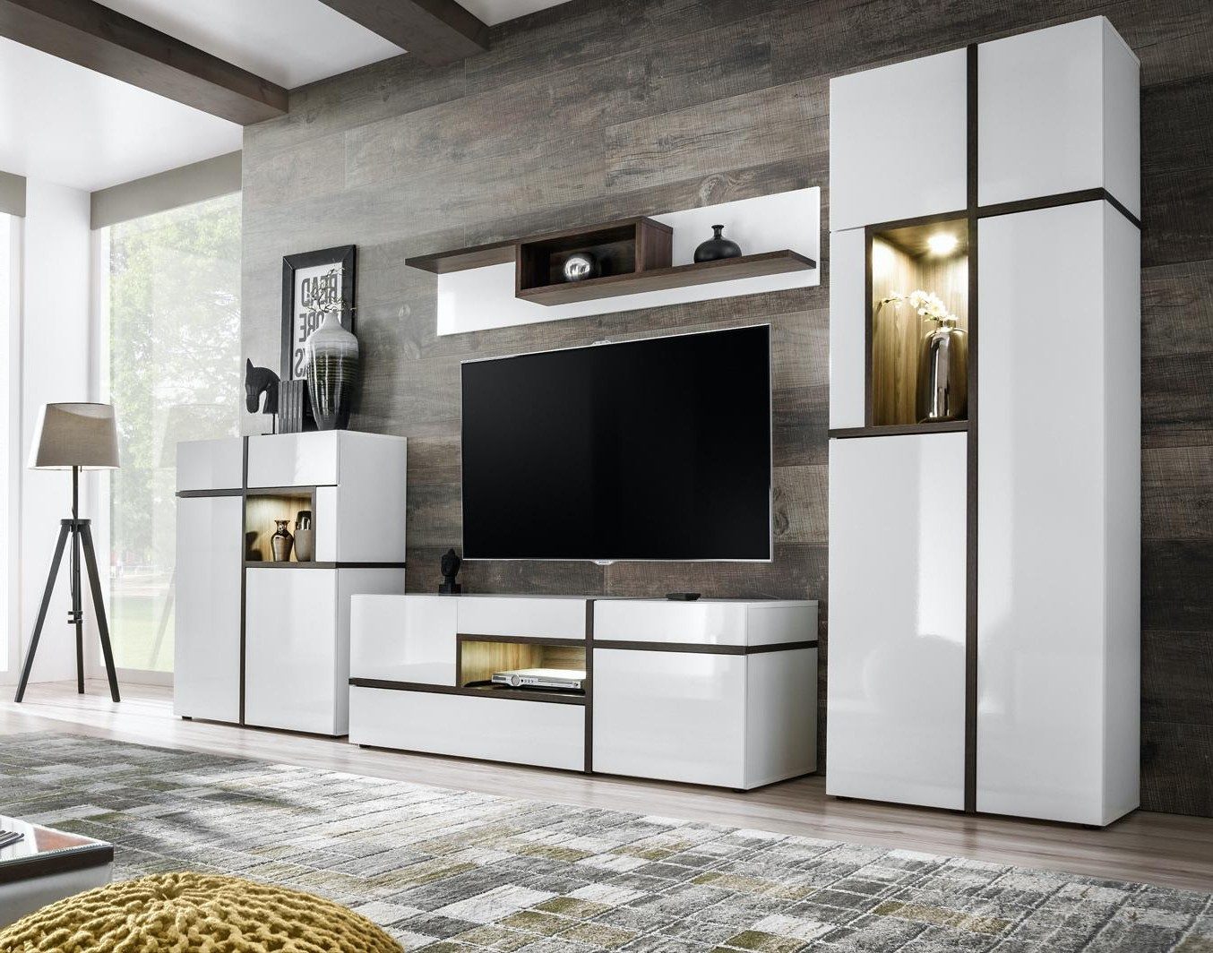 Xlmoebel Wohnwand Modernes 4-teiliges Set für Wohnzimmer in Weiß und Holz, (4-St), Made in Europa