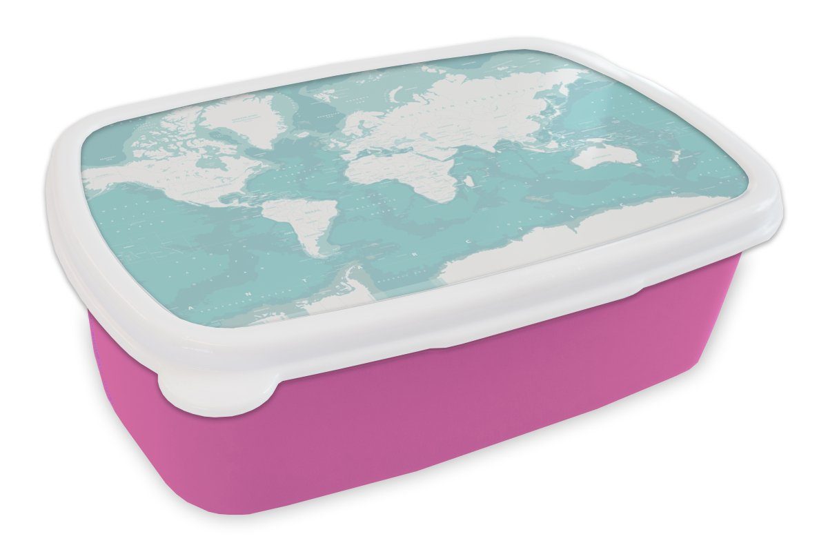 MuchoWow Lunchbox Weltkarte - Blau - Topographie - Kinder - Jungen - Mädchen, Kunststoff, (2-tlg), Brotbox für Erwachsene, Brotdose Kinder, Snackbox, Mädchen, Kunststoff rosa
