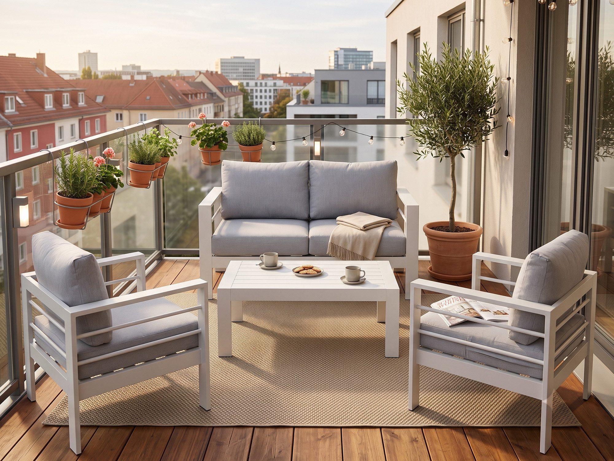 MeXo Gartenlounge-Set Aluminium Gartenmöbel Set Klein 4 Personen wetterfest, (Balkonlounge Outdoor, 12cm Deluxe Relax-Sitzkissen, 4-tlg., Belastbarkeit pro Sitzplatz 140kg), Balkonmöbel-Set für kleinen Balkon, Luxus Relax, Tischplatte aus WPC