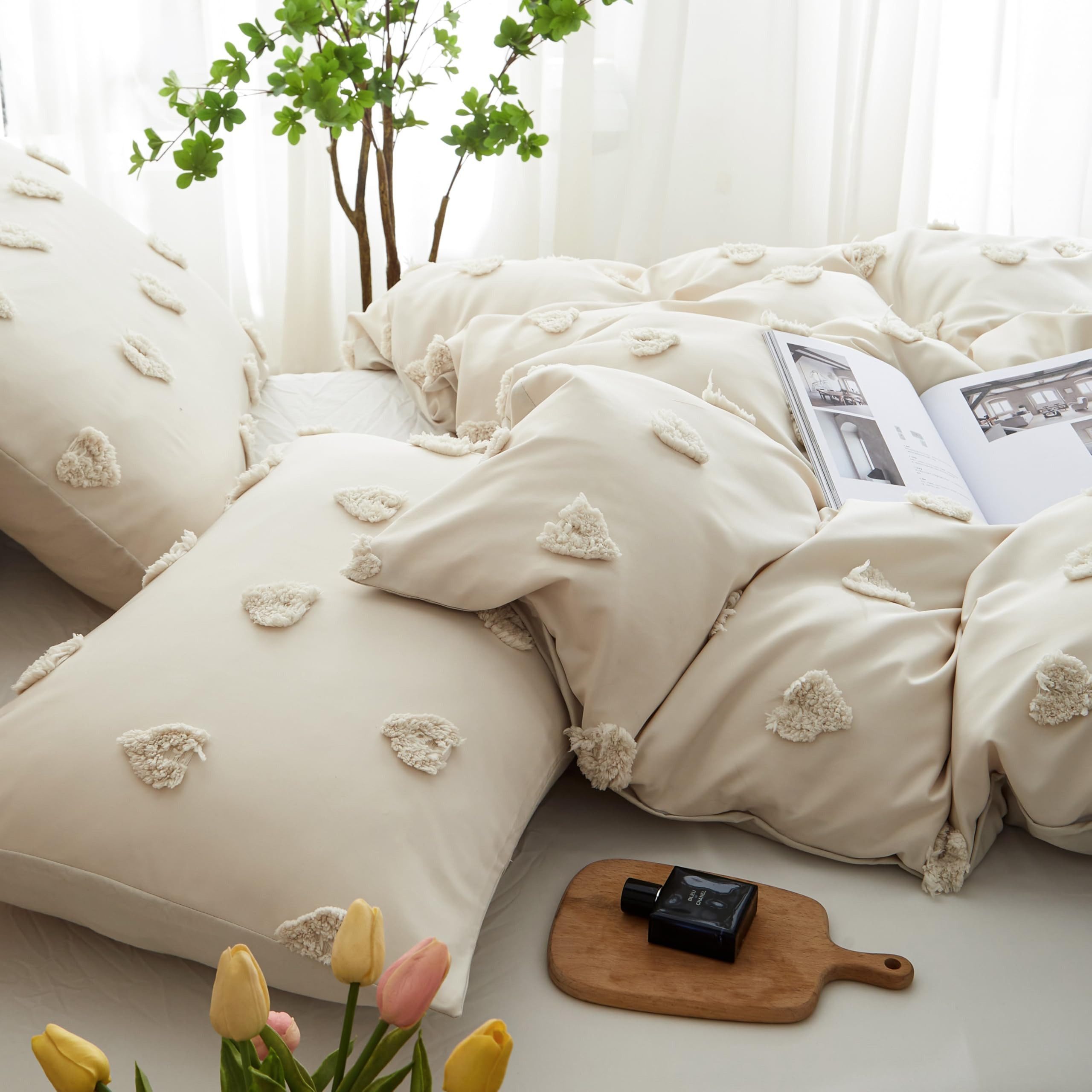 Fyrove Bettwäsche Böhmen Bettwäsche Getuftet Herz Boho Stickerei Shabby Chic 135x200cm, Microfaser Weiche Bettbezug mit Reißverschluss und Kissenbezug 80x80cm – Bild 5 von 5
