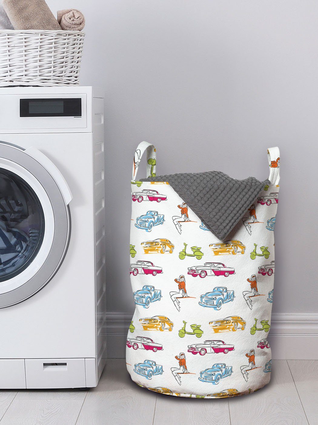 Mädchen Abakuhaus Wäschesäckchen mit und Wäschekorb Fahrzeuge Waschsalons, Kordelzugverschluss Oldtimer für Griffen Retro