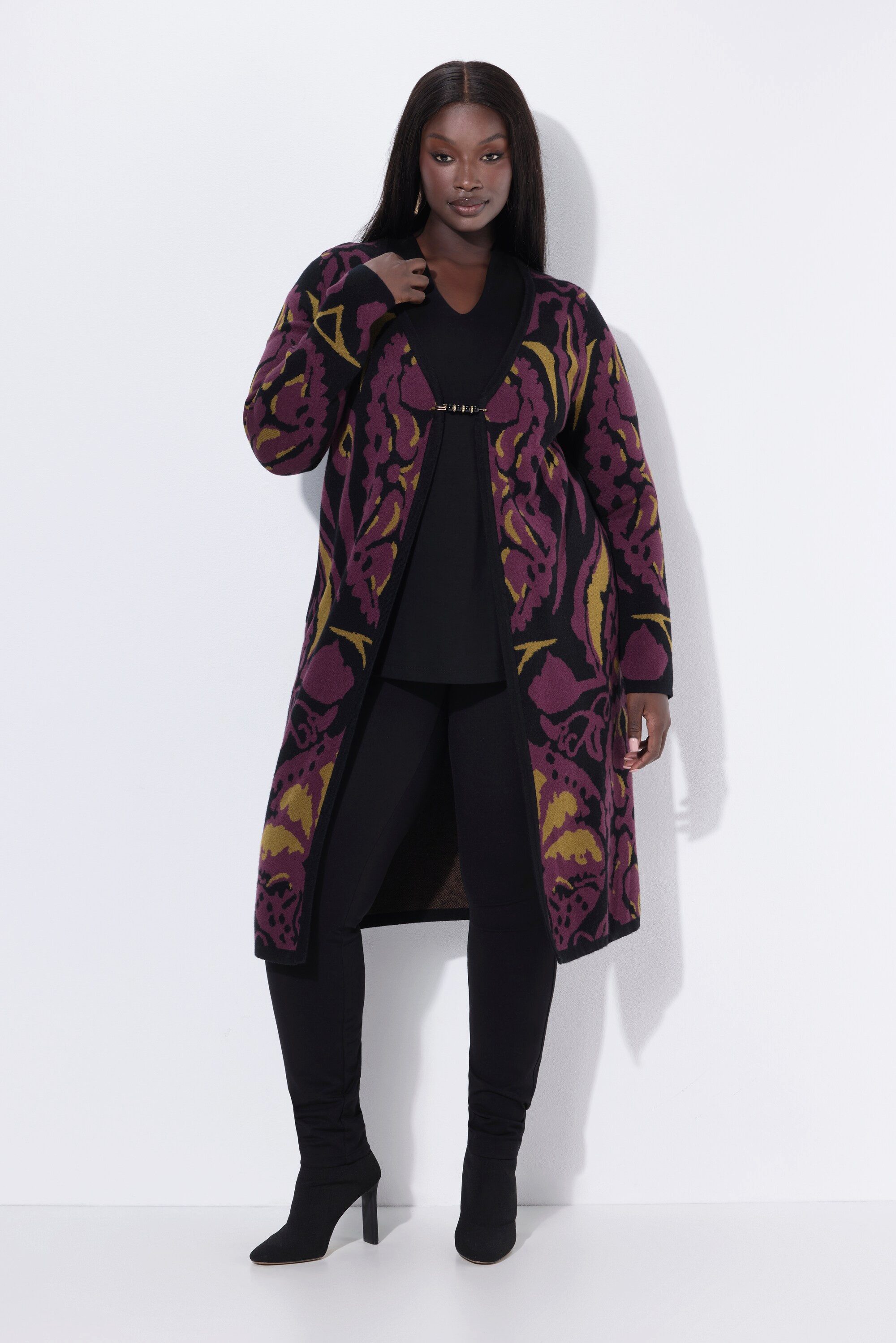 Ulla Popken Strickjacke Long-Strickjacke Ziernadel V-Ausschnitt Langarm günstig online kaufen