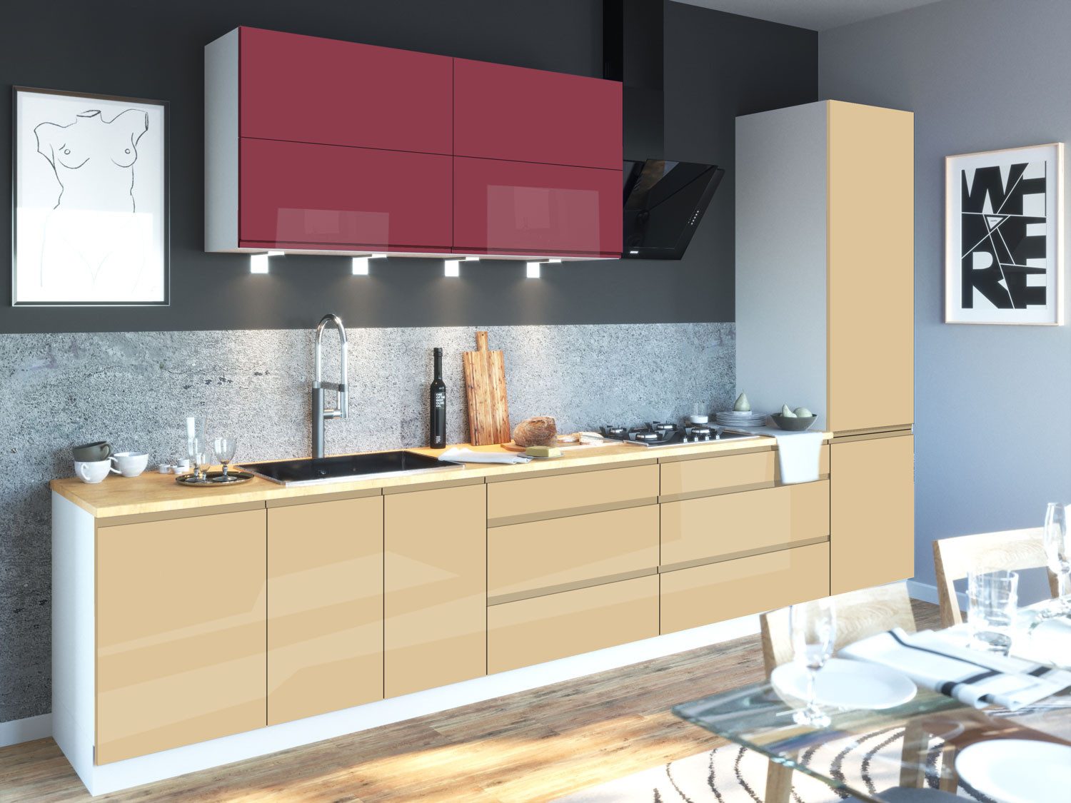 Feldmann-Wohnen Küchenzeile Florence, (Türen, Klappen, Einlegeböden, Teilauszugschubladen), 392x59x207cm rotviolett / elfenbein