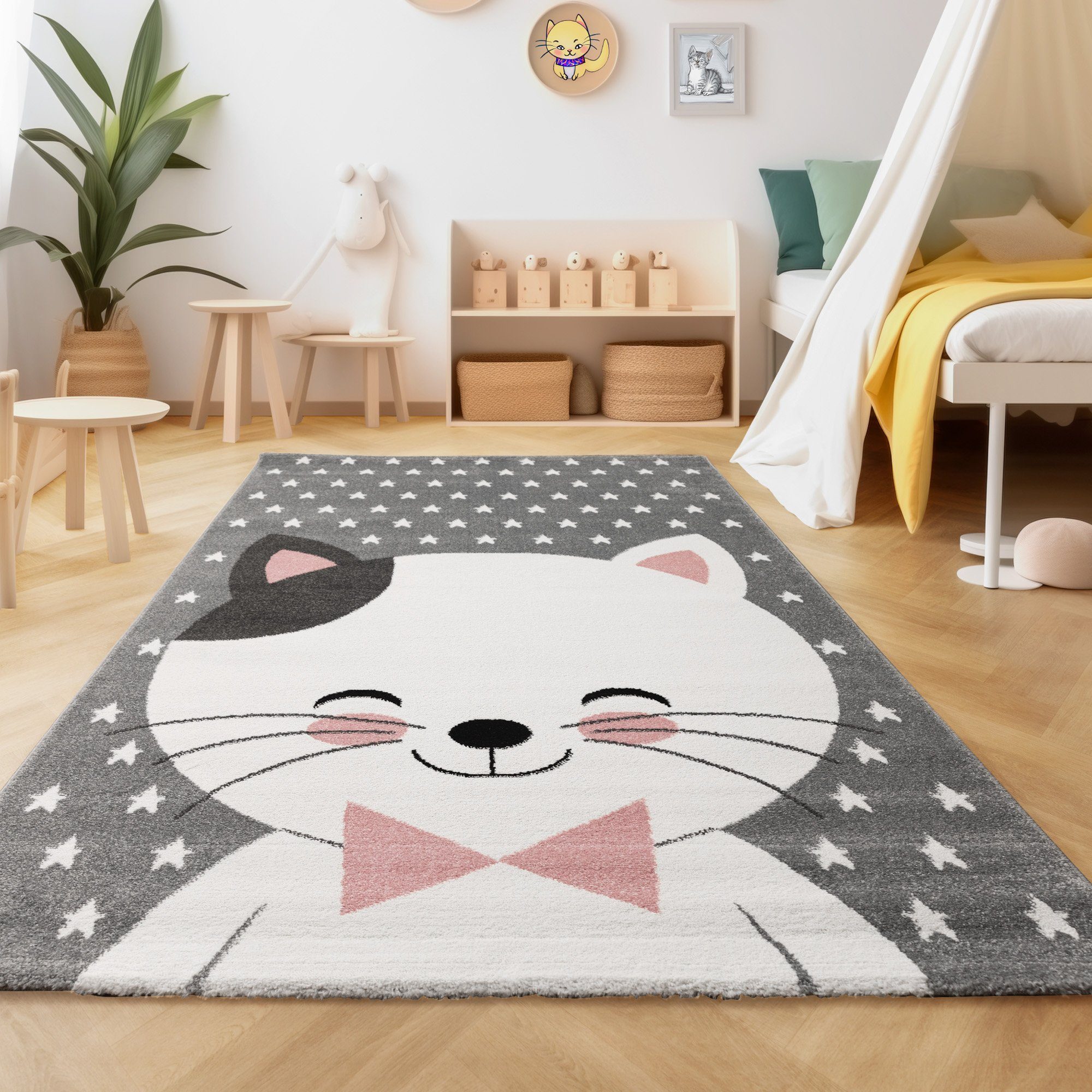 Teppich Niedliches Katze design, SIMPEX24, Läufer, Höhe: 11 mm, Kinderteppich Katze Design Rosa Baby Teppich Kinderzimmer Pflegeleicht