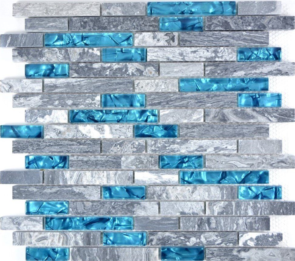 Mosani Wandfliese 0,87m² Mosaikfliesen Marmor Naturstein Fliesen Glasmosik Grau Blau, Set, 10-teillig, Dekorative Wandverkleidung