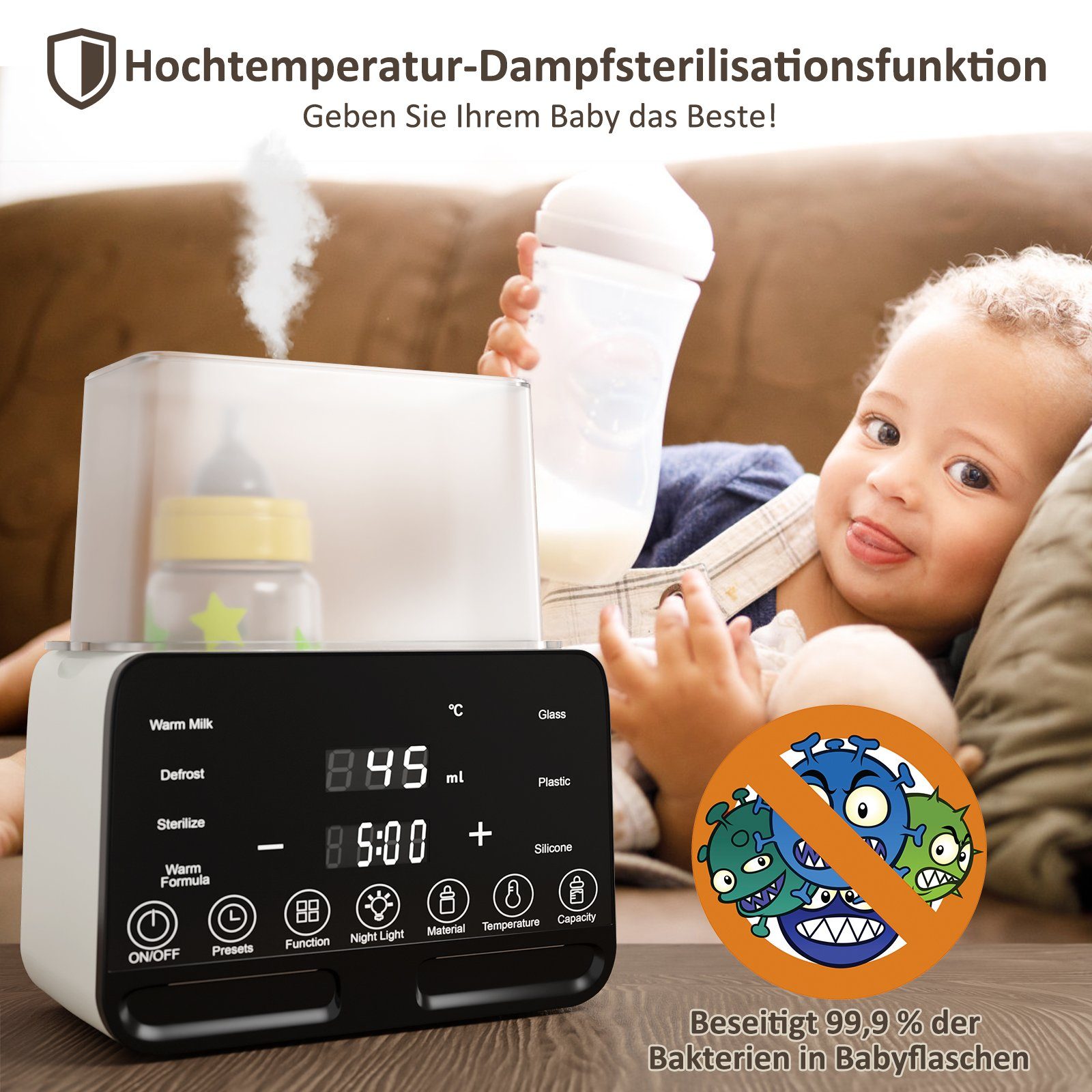 CkeyiN Babyflaschenwärmer 10 IN 24h, Konstante Baby Kapazität, Flaschenwärmer, in 1 Temperatureinstellung Temperatur Timer-Funktion, Hohe