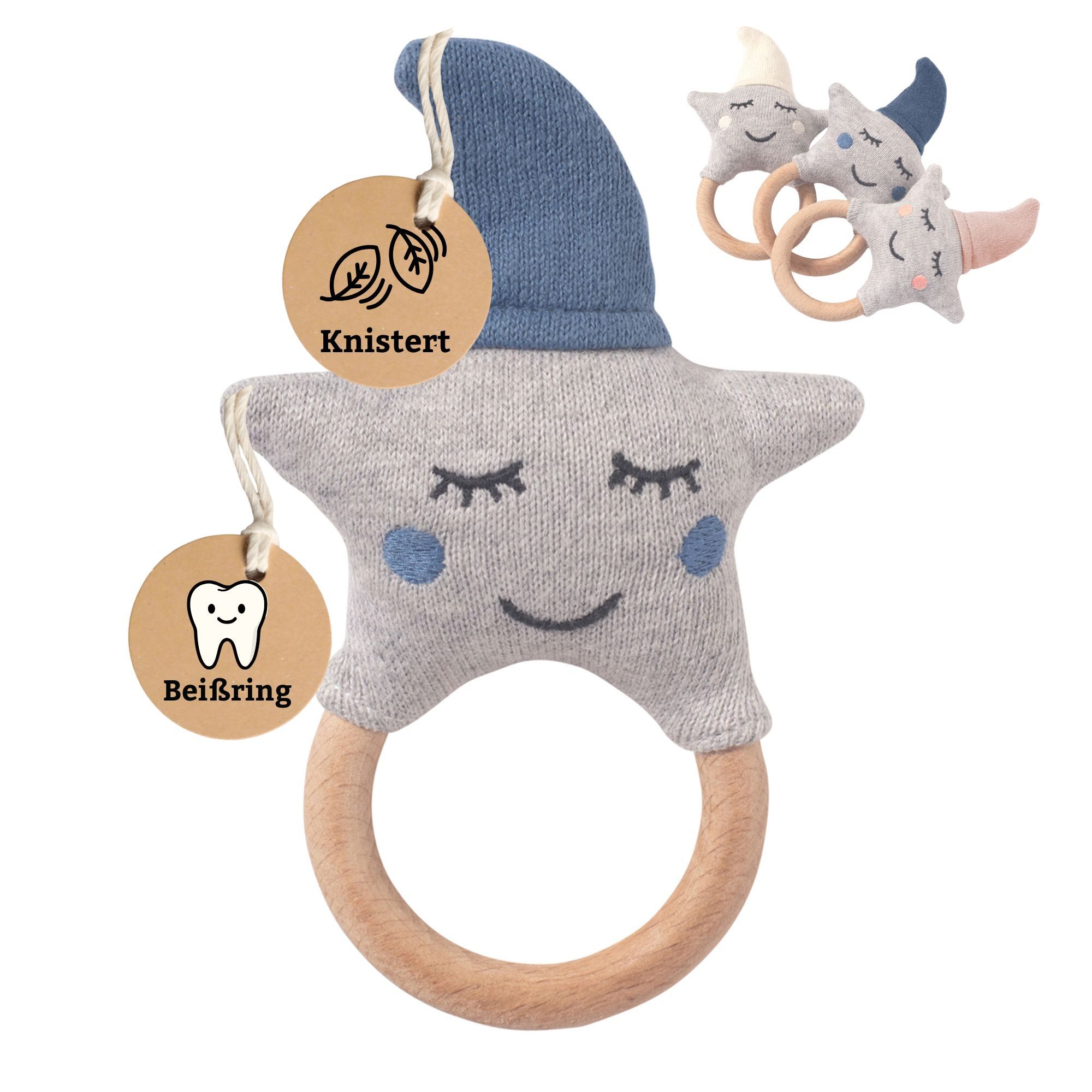 Nordic Coast Company Kuscheltier-Rassel, Greifling mit Beißring Geschenk ab Geburt mit Knistermütze