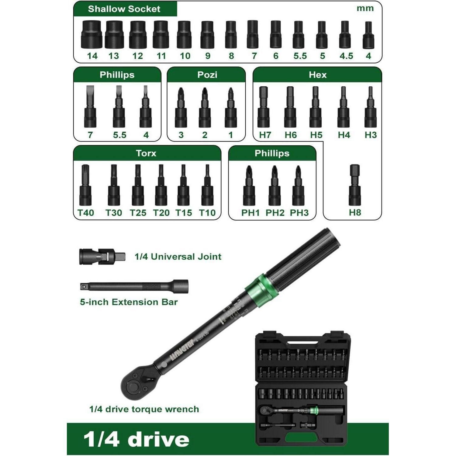 LuxusKollektion Drehmomentschlüssel Drehmomentschlüssel Fahrrad Set Viertelzoll 5 25 Nm Bits 37 TLG