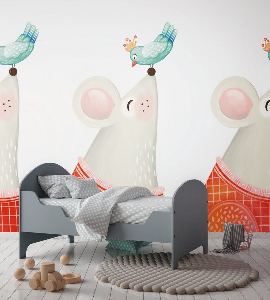 living walls Fototapete Fototapete Kinderzimmer Maus und Vogel, glatt,  matt, (1 St), Babyzimmer Tapete, MADE IN GERMANY: Hochwertige Tapete  entworfen und produziert in Deutschland