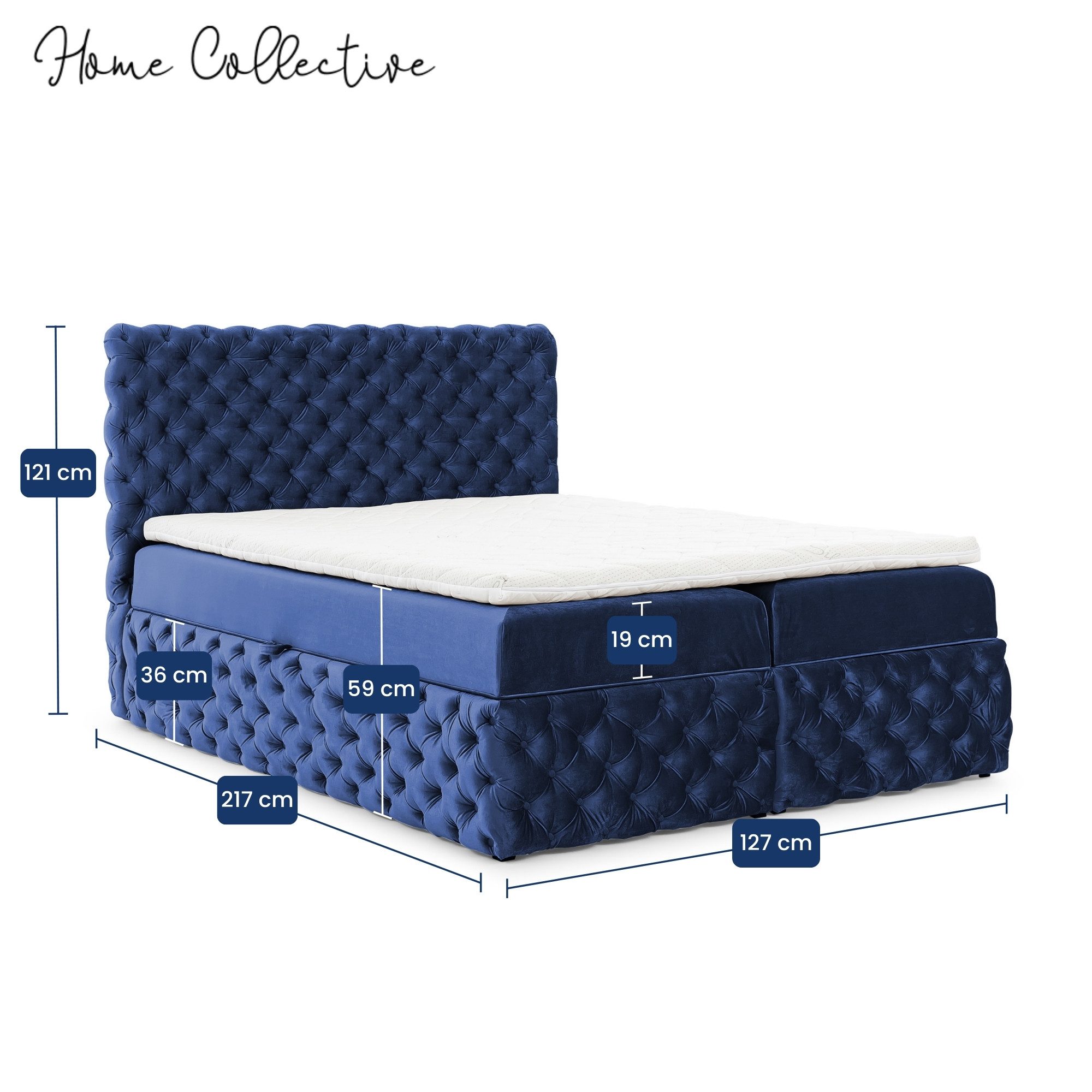 Home Collective Boxspringbett Polsterbett Doppelbett Bett mit Stauraum und Topper (mit Taschenfederkern-Matratze & leichtgängiger Federmechanik), robuster Velours-Stoff, edles Design mit Knopfsteppung Marineblau