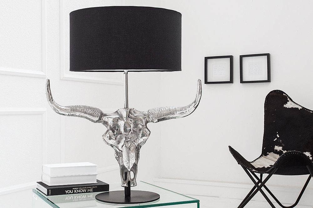 riess-ambiente Tischleuchte EL TORO 68cm schwarz / silber, ohne Leuchtmittel, Wohnzimmer · Stierkopf · Baumwoll-Schirm · Wild West