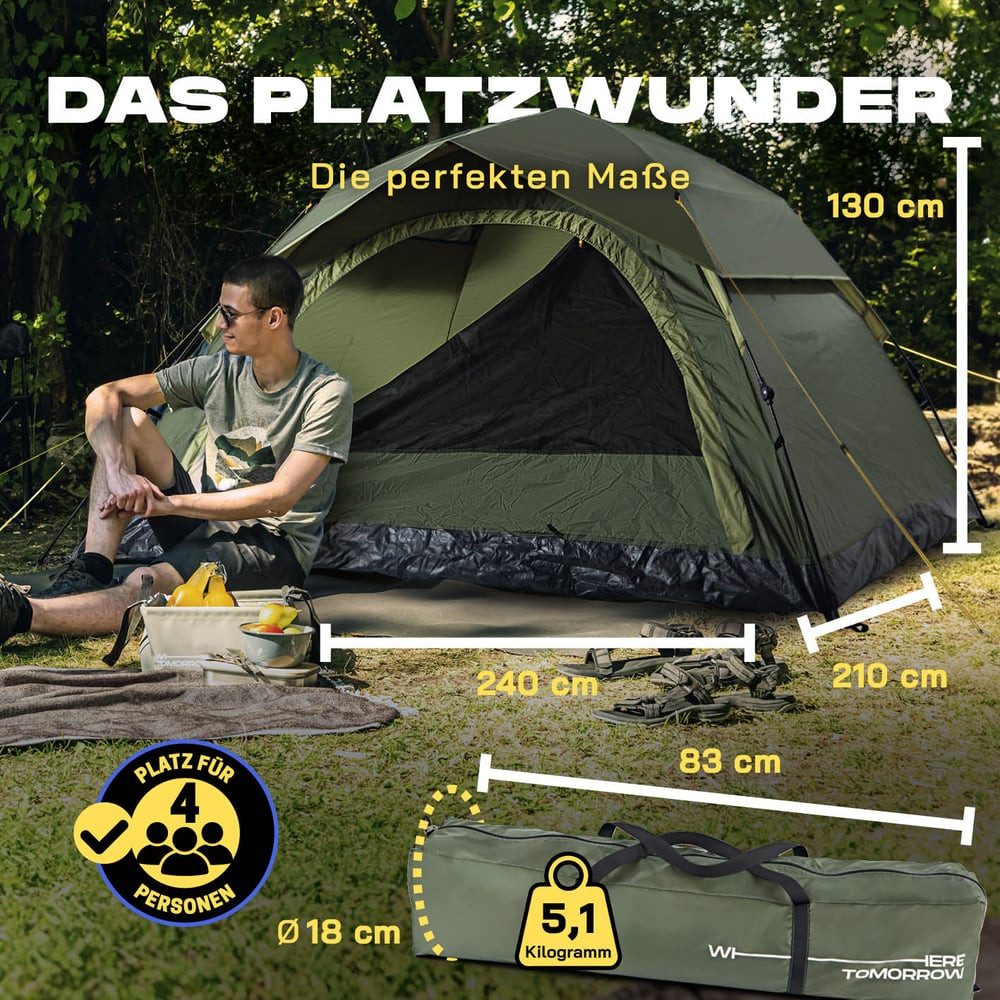 Lumaland Wurfzelt Wurfzelt für 4 Personen 210x240x130cm, Camping Outdoor Partys Festivals Garten Strand Aufbau in 10 Sekunden
