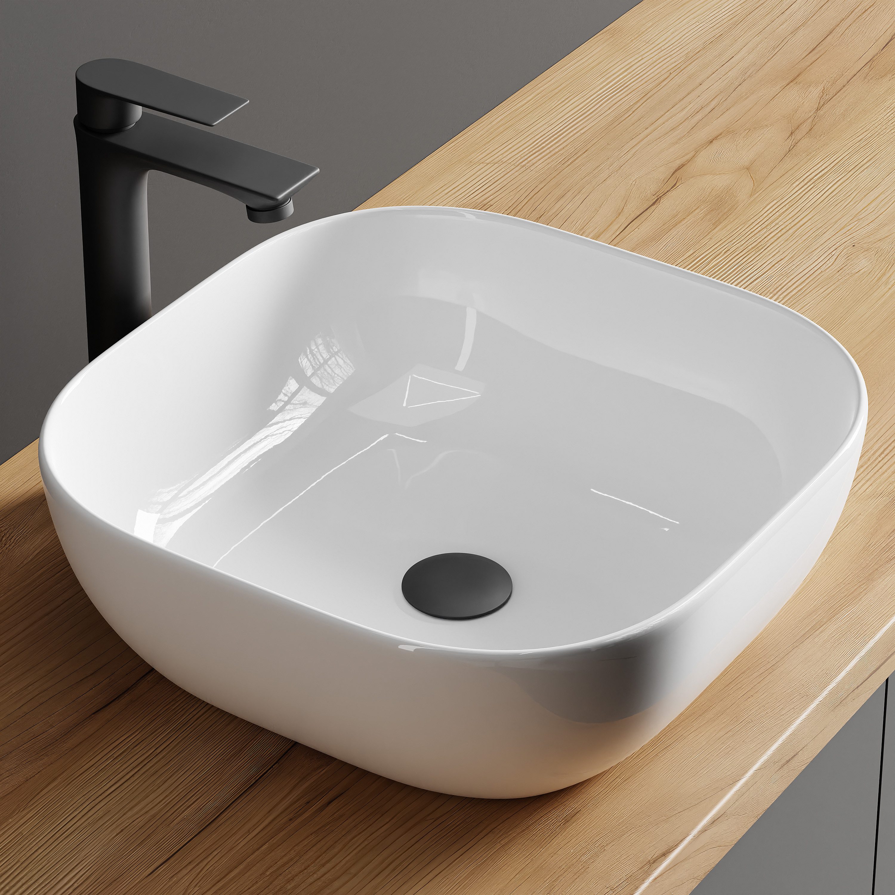 Planetmöbel Aufsatzwaschbecken Aquil Badezimmer Waschbecken klein 42 cm für Waschtisch (Keramik Aufsatzwaschbecken für Bad, Gäste WC, 1-St., Waschschale 42,5 x 42,5 x 14 cm ohne Hahnloch und Überlauf), für Waschtische oder Waschplätze