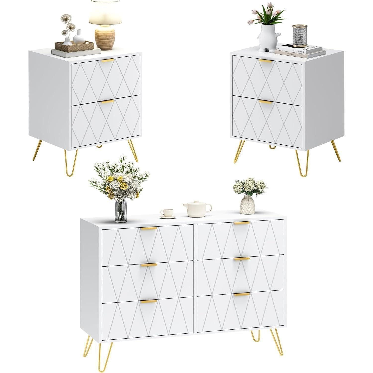 Schlafzimmer-Set Schlafzimmer Komplett Set Kommode 6 Schubladen Nachttisch Weiß