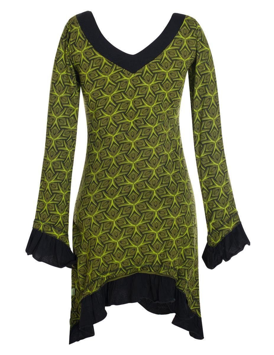 Bedruckt Asymmetrisch Langarm olive Elfen, Vishes Rüschen Zipfelkleid Volant Hippie, Festkleid Kleid