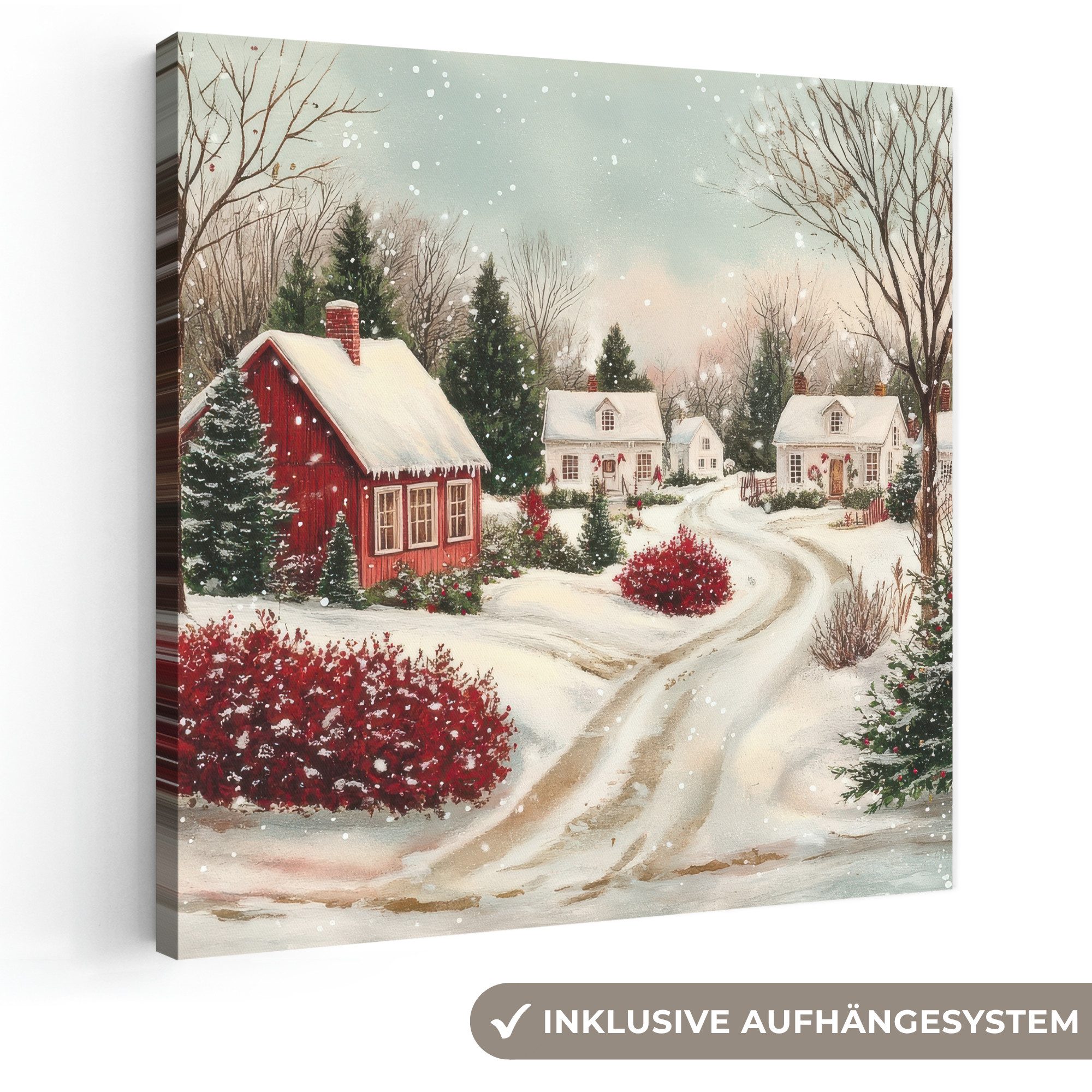 OneMillionCanvasses® Leinwandbild Weihnachtsstimmung - Ländlich - Rot, Fotodruck (1 St), Wandbild, Deko Schlafzimmer Wohnzimmer Flur 20x20 cm