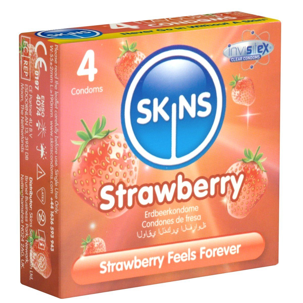 SKINS Condoms Kondome Strawberry, samtweiche Oberfläche, fühlt sich an wie "echt", Packung mit, 4 St., Kondome mit fruchtigem Erdbeeraroma, durchsichtiges Latex (kristallklar), kein Latexgeruch