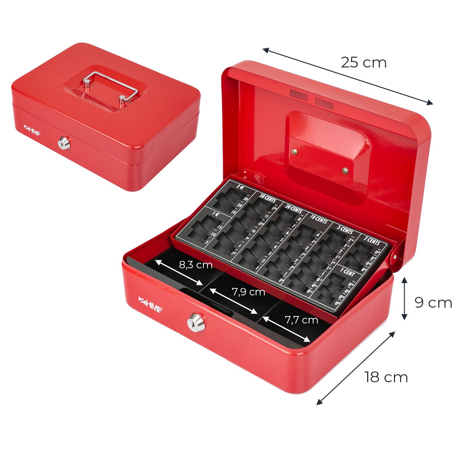 HMF Geldkassette Bargeldkasse mit herausnehmbarem Münzzählbrett und Scheinfach, Geldbox mit Schlüssel, 25 x 18 x 9 cm, rot – Bild 5 von 5
