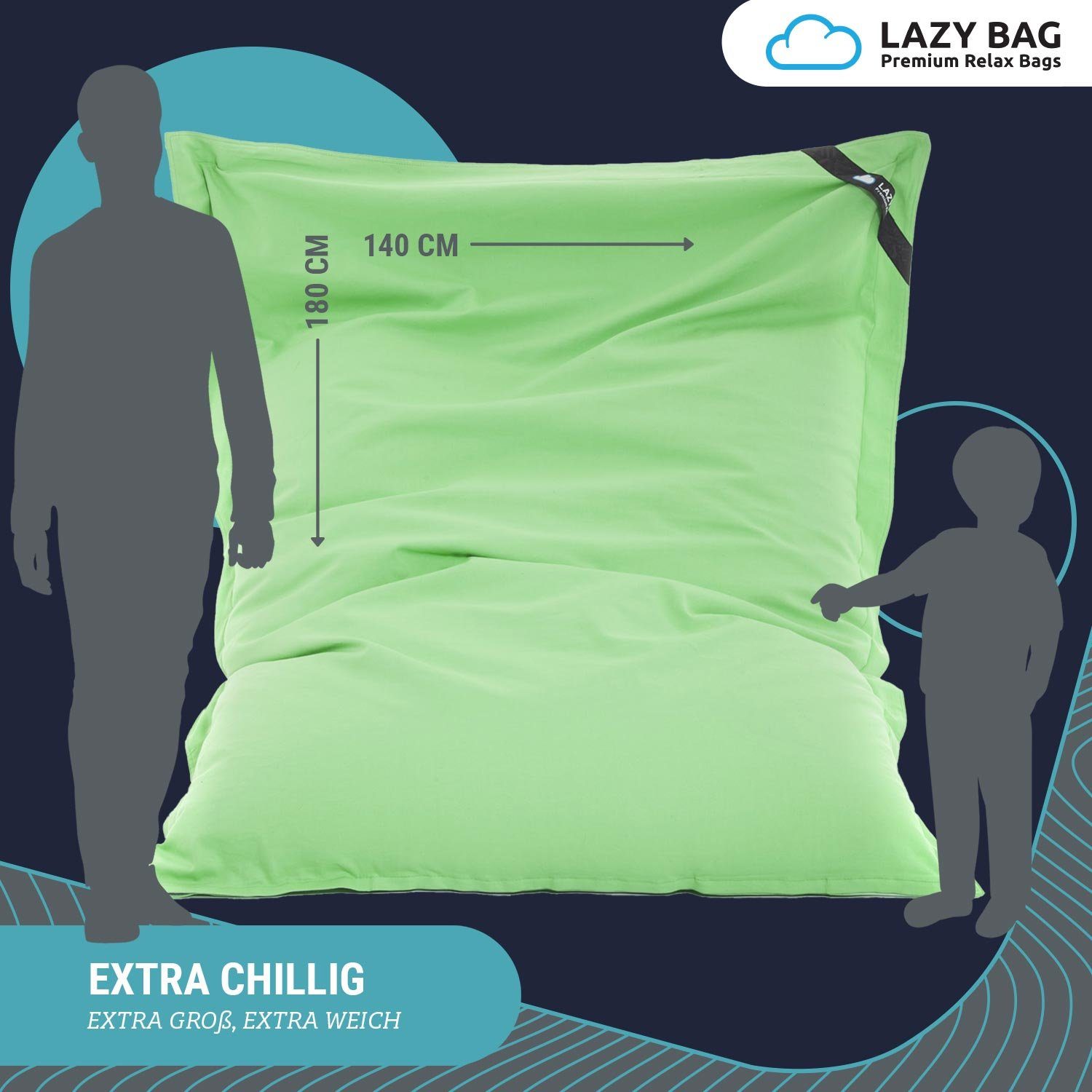 LazyBag Sitzsack LazyBag XXL Sitzsack – Baumwolle, Ergonomisch, Weich & Bequem (Sitzkissen Bean-Bag, Baumwolle Bezug), 180 x 140 cm