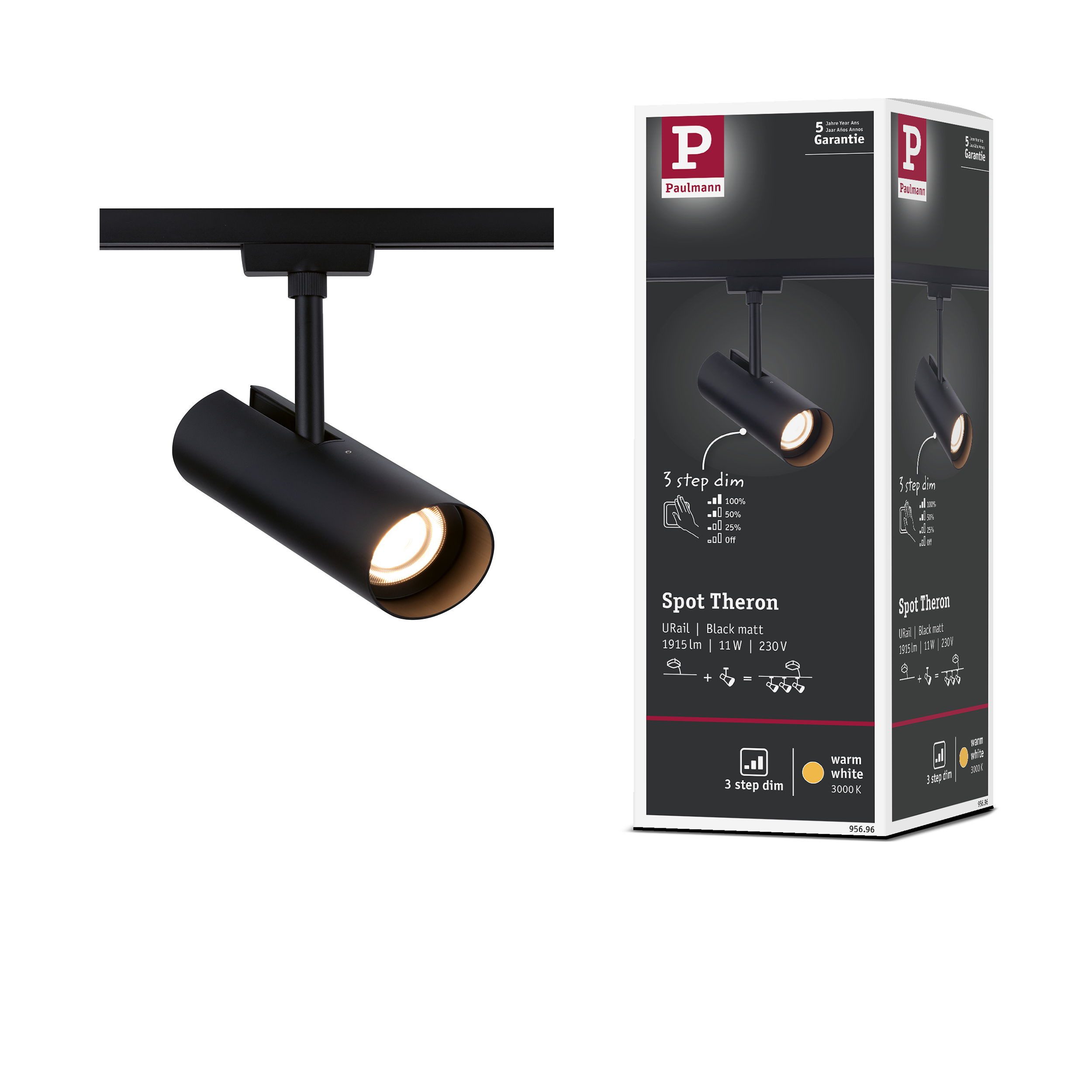 Paulmann Schienensystem-Leuchten Theron 1020lm 11W 3000K dimmbar 230V, Memoryfunktion, mehrere Helligkeitsstufen, LED fest integriert, Warmweiß, 3-Step-Dim