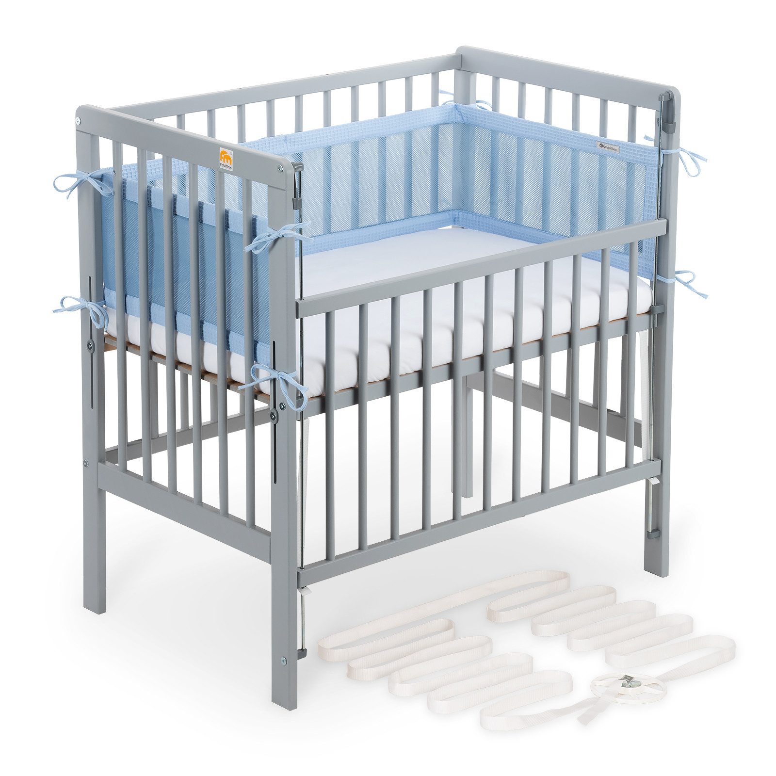 FabiMax Beistellbett Beistellbett Flex 90x55, TÜV geprüft, aus Buchenholz grau lackiert, stufenlos höhenverstellbar, passend für Boxspringbetten, 2 in 1
